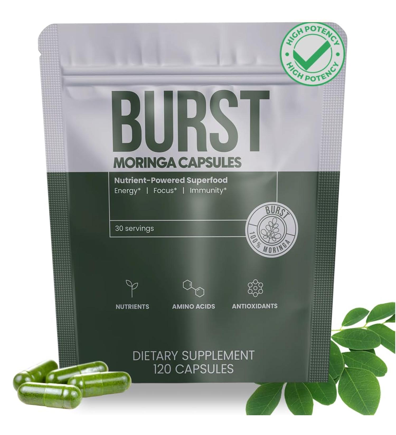 Burst 100% Organic Moringa Capsules Supports Energy Immunity & Vitality | Pure Moringa Oleifera Supplement | Rich in Vitamins Protein & Antioxidants | Vegan Non-GMO - 120 Capsules - Buy Online on GoSupps.com