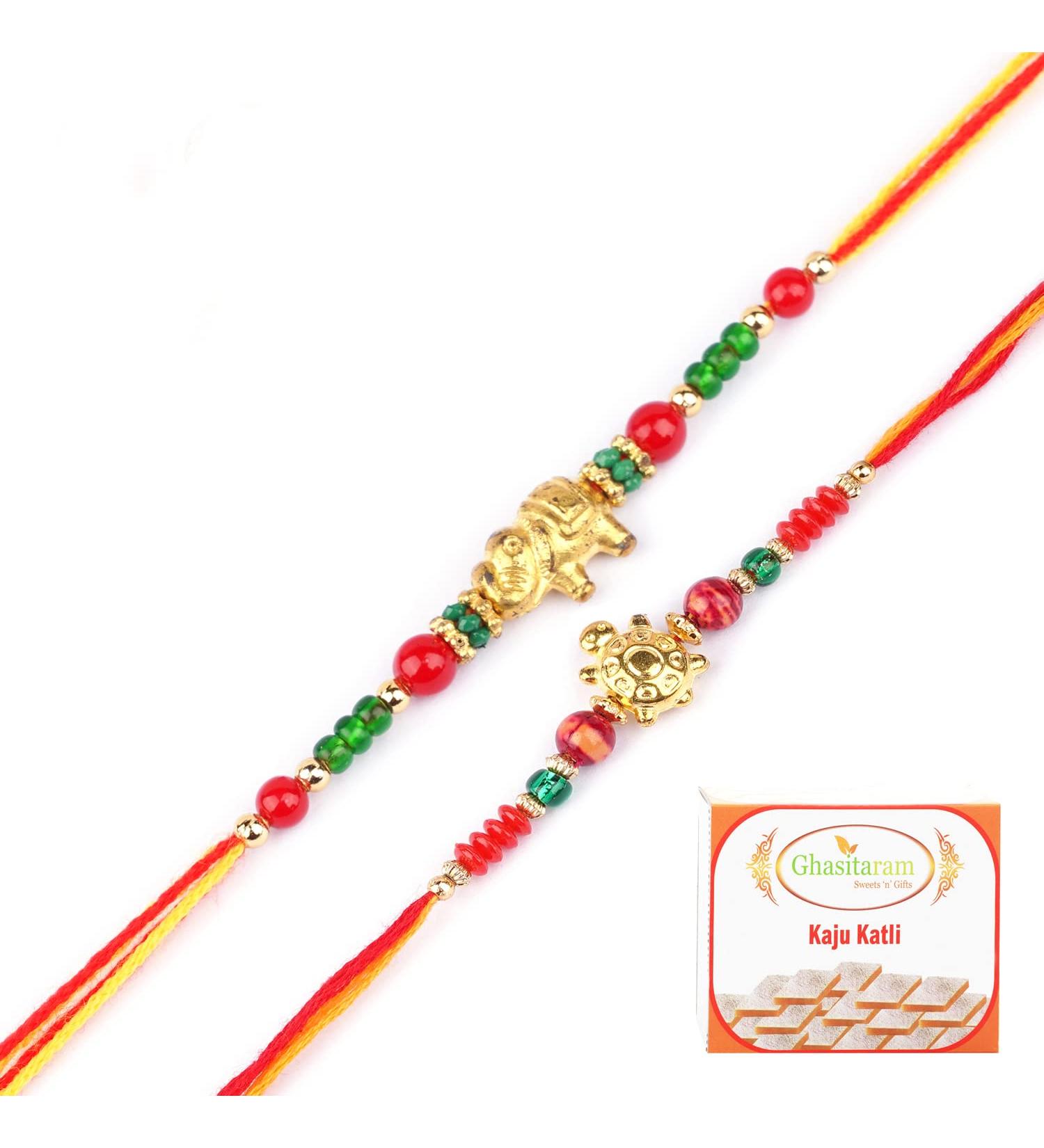 Ghasitaram Gifts Rakhi for Brother Rakhis Online - Set of 2-6043 and 6059 Rakhi Threads with 200 GMS of Kaju katli - Buy Online on GoSupps.com