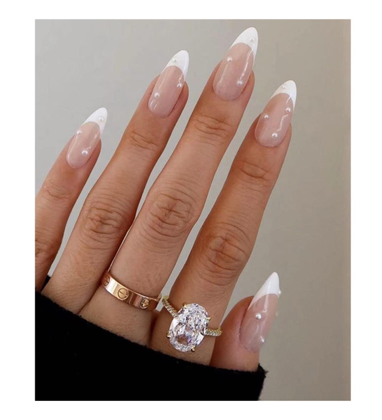 CRRLtry Almond Pearl Stick-On Nails Medium - 24PCS White French Fake Nails - Buy Online on GoSupps.com