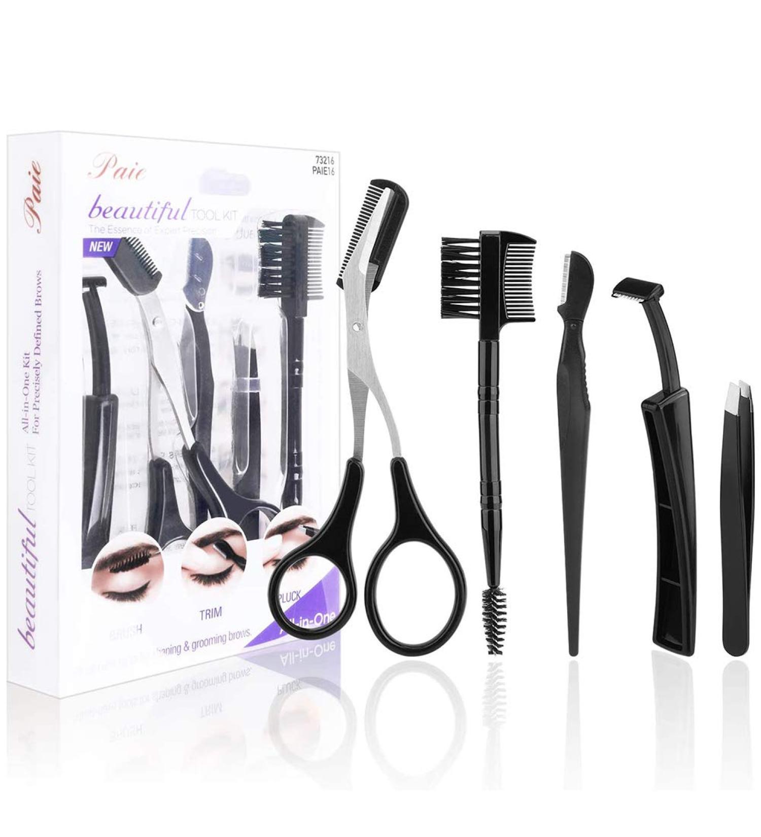 5PC Eyebrow Care Set - Professional Tweezers Curved Scissors & Shaving Brushes for Everyday & Travel Use - Durable Stainless Steel - Buy Online on GoSupps.com