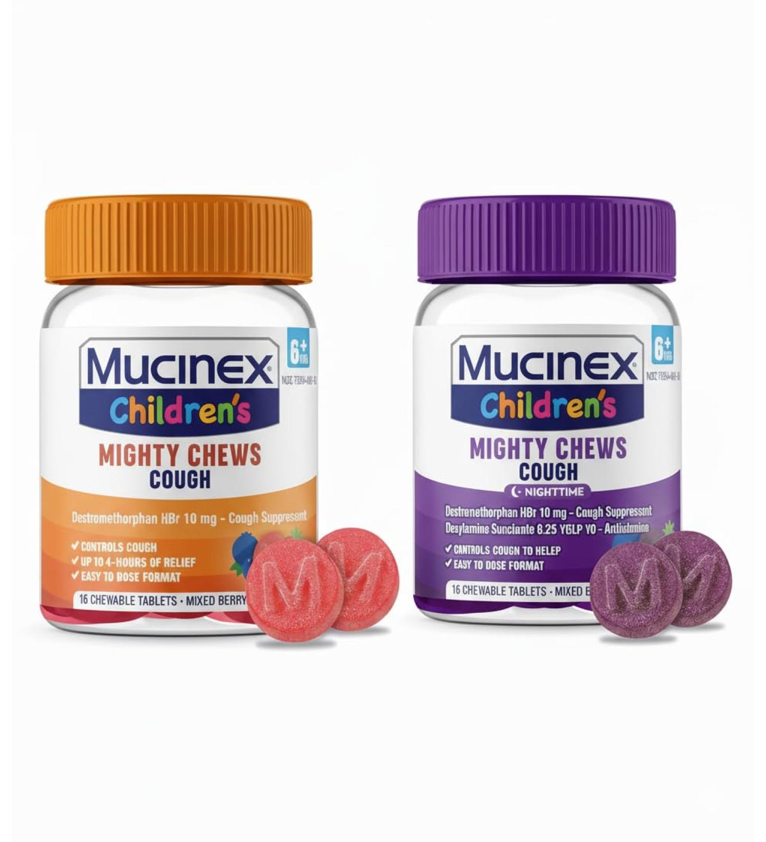 Mucinex Children's Mighty Chews Day and Night time Kids Cough Medicine Easy to Dose Cough Suppressant Kids Travel Medicine for Cough Mixed Berry Flavor 16 Chewable Tablets (Combo Pack) - Buy Online on GoSupps.com