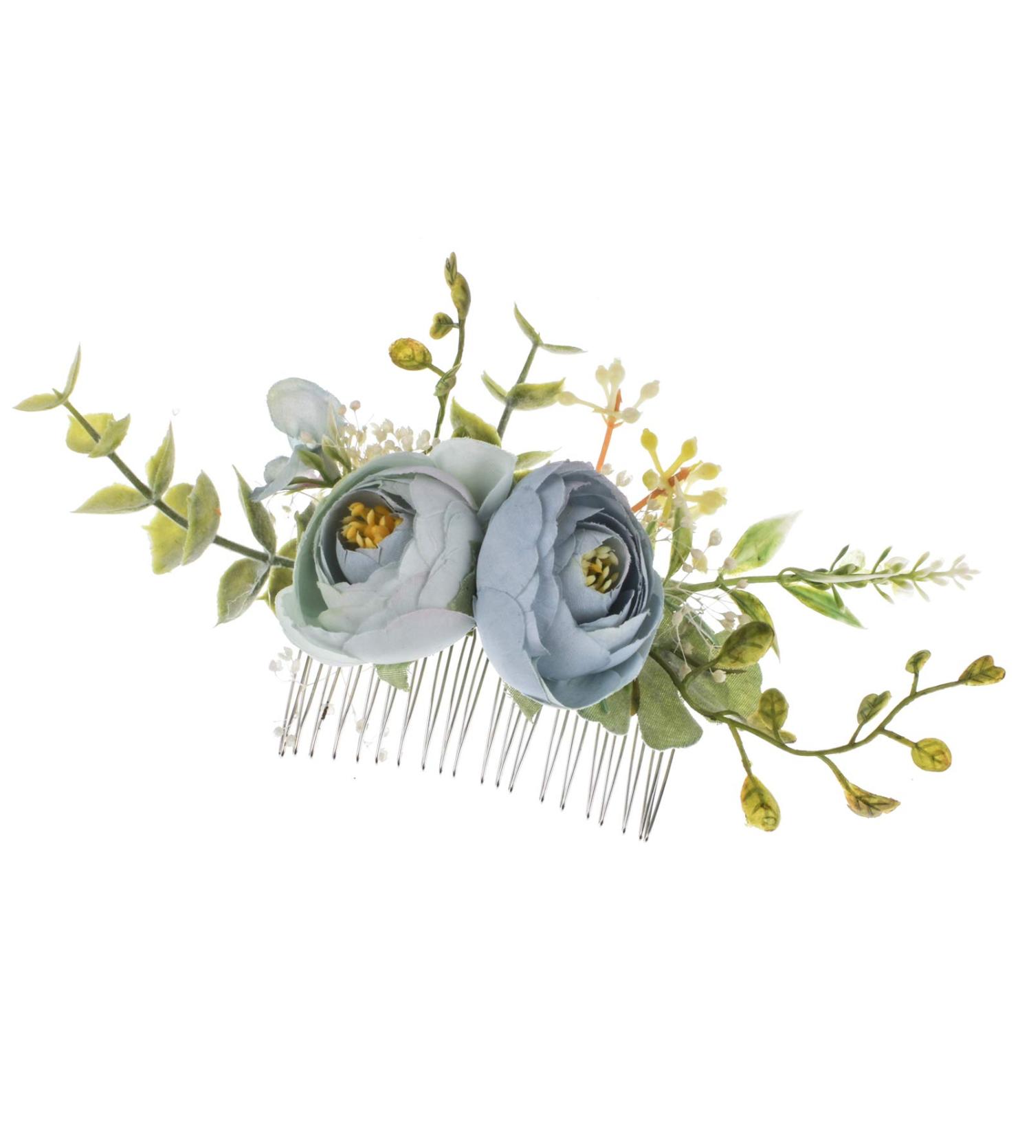 DreamLily Wedding Bridal Comb Camellia Hair Comb Ranunculus Green leaf Floral Clip Headpiece CM01 (BabyBlue)