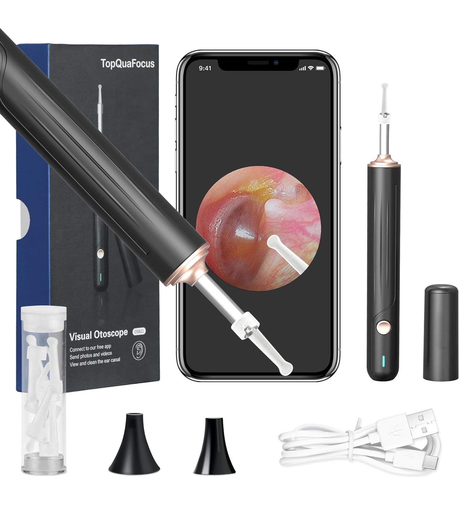 TopQuaFocus Earwax Removal Kit - Electric Otoscope with 6 LED Lights & 1000P HD Camera | Wireless Ear Scope for Kids & Adults | Easy Ear Cleaning & Pediatric Wax Remover - Buy Online on GoSupps.com