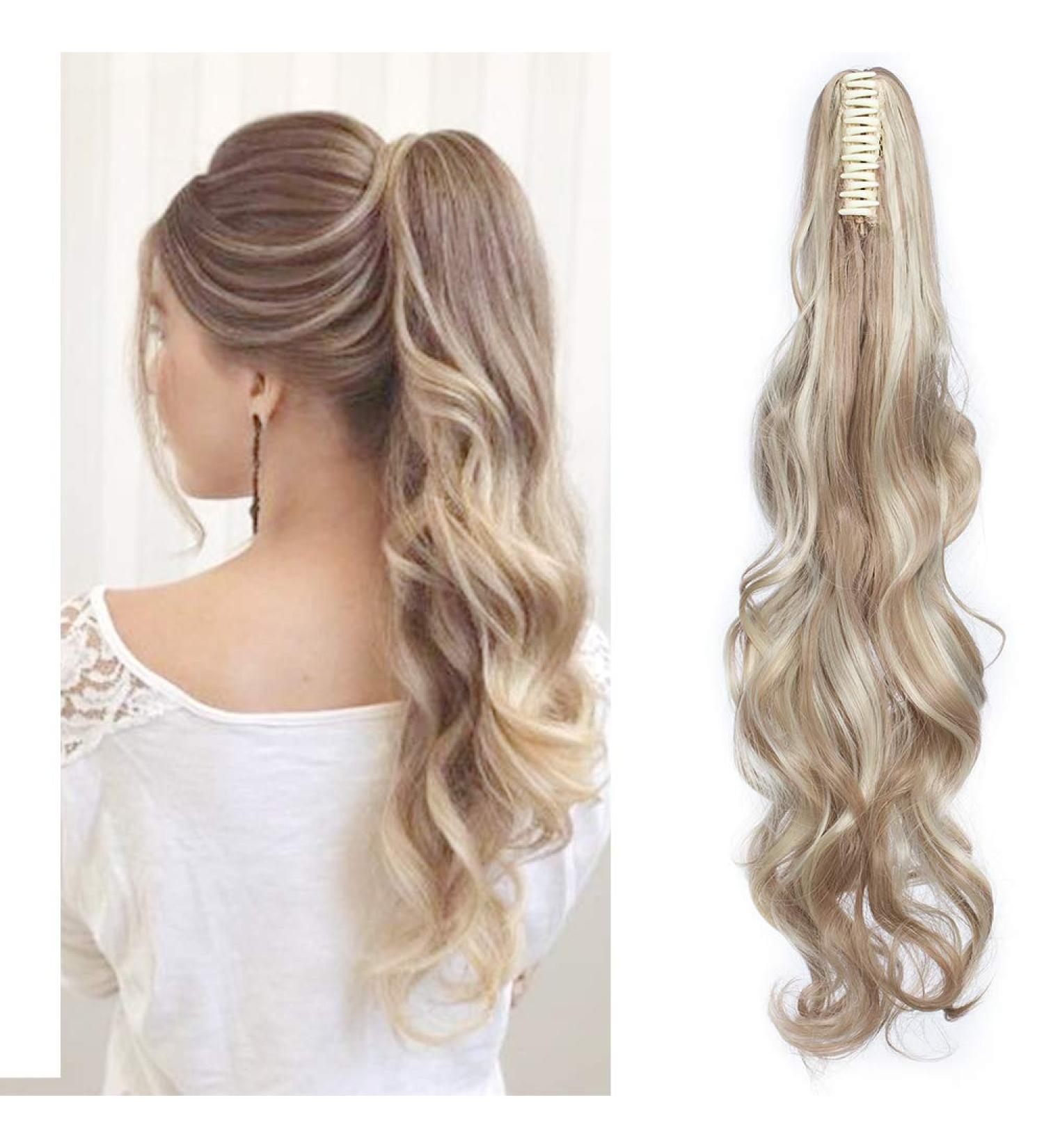 SEGO 24" Inch Ponytail Hair Extension Clip In With Jaw/Claw - Sandy Blonde & Bleach Blonde - Synthetic Hairpieces Curly Ponytail Extension - Buy Online on GoSupps.com