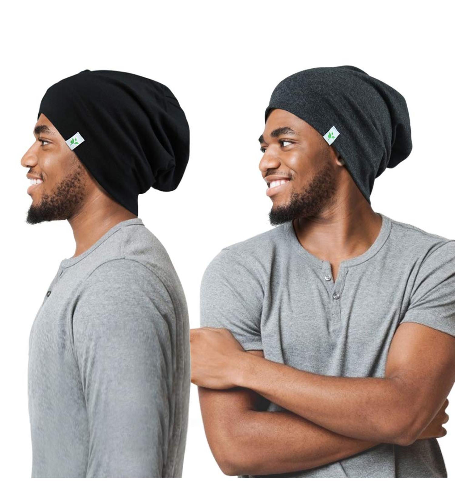 Men's Natural Curly Wave Hair Sleep Cap - Set of 2 | Satin Lined | Medium Black With Grey | Perfect Gifts for Boyfriend, Husband & Dad - Buy Online on GoSupps.com