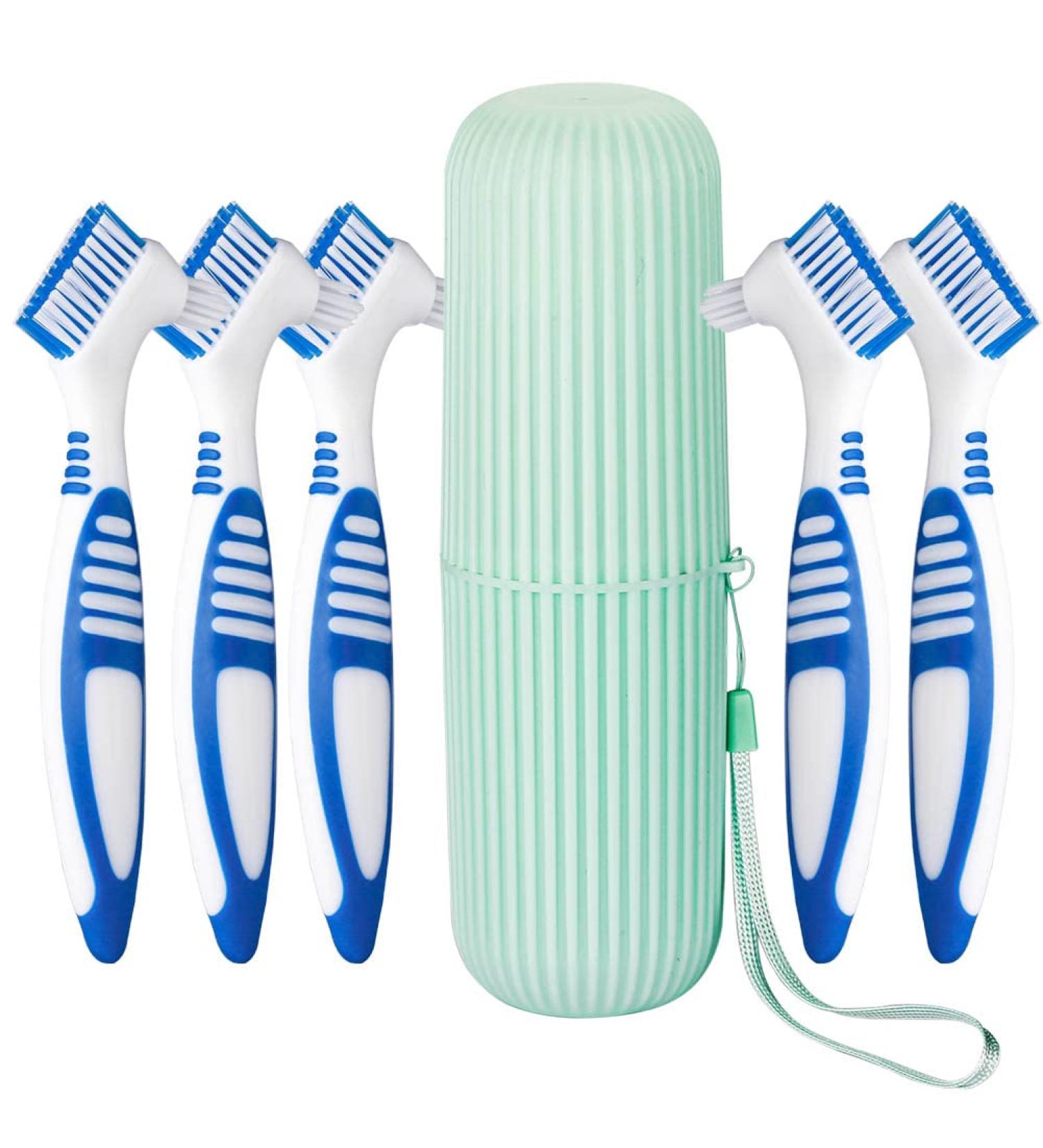 Anbbas Double Bristle Head Denture Brush - 5pcs Dental Cleaning Brushes with Portable Toothbrush Cup Holder for Oral Appliance Cleaning - Buy Online on GoSupps.com