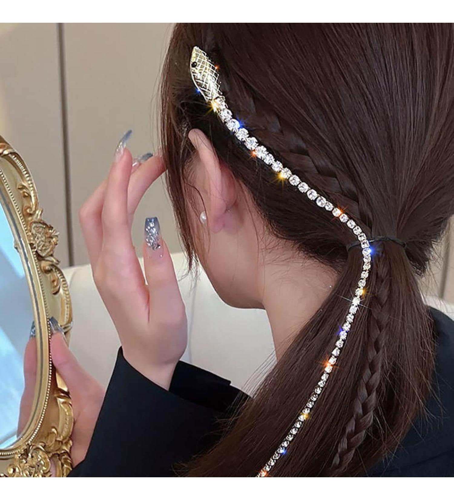 2Pcs Rhinestone Snake Hair Chains - Tassel Hair Clips with Sparkle Crystal Adornments | Silver Christmas Party Accessories for Girls - Buy Online on GoSupps.com