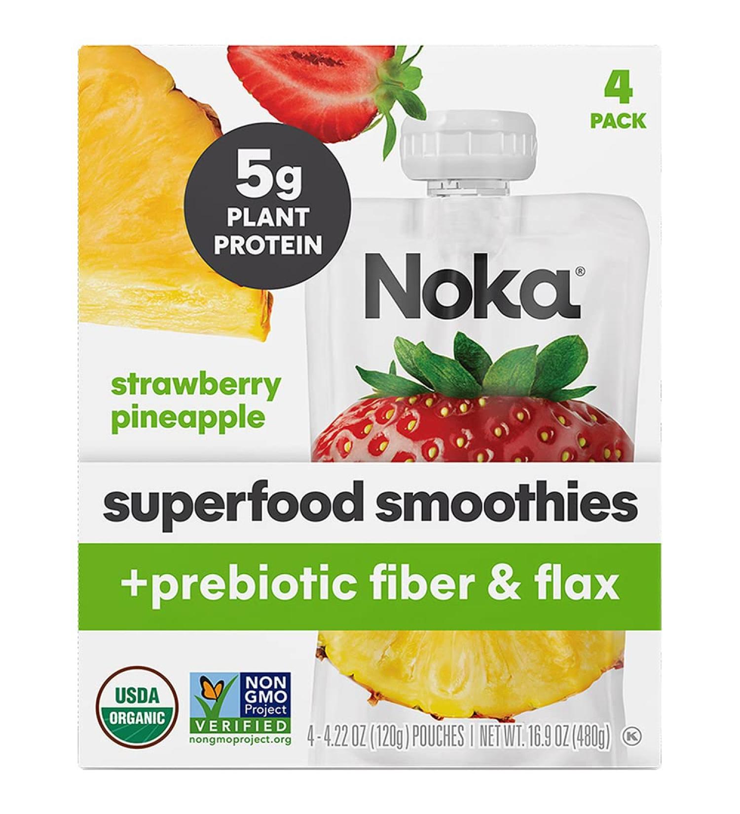 Noka Superfood Smoothie Pouches (Strawberry Pineapple) 4-Pack with Plant Protein, Prebiotic Fiber & Flax Seed - Organic, Gluten Free, Vegan - Healthy Fruit Squeeze Snack (4.22oz Each) - Buy Online on GoSupps.com