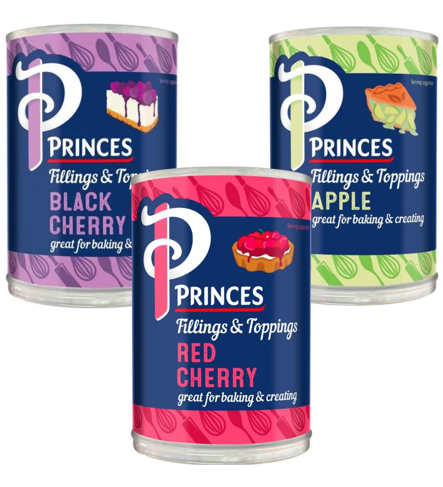 Black Cherry Fruit Filling Tin 410g with Bramley Apple Fruit Filling Tin 395g & Red Cherry Fruit Filling Tin 410g - Bundle Consisting of Princes x3 Pack - Buy Online on GoSupps.com