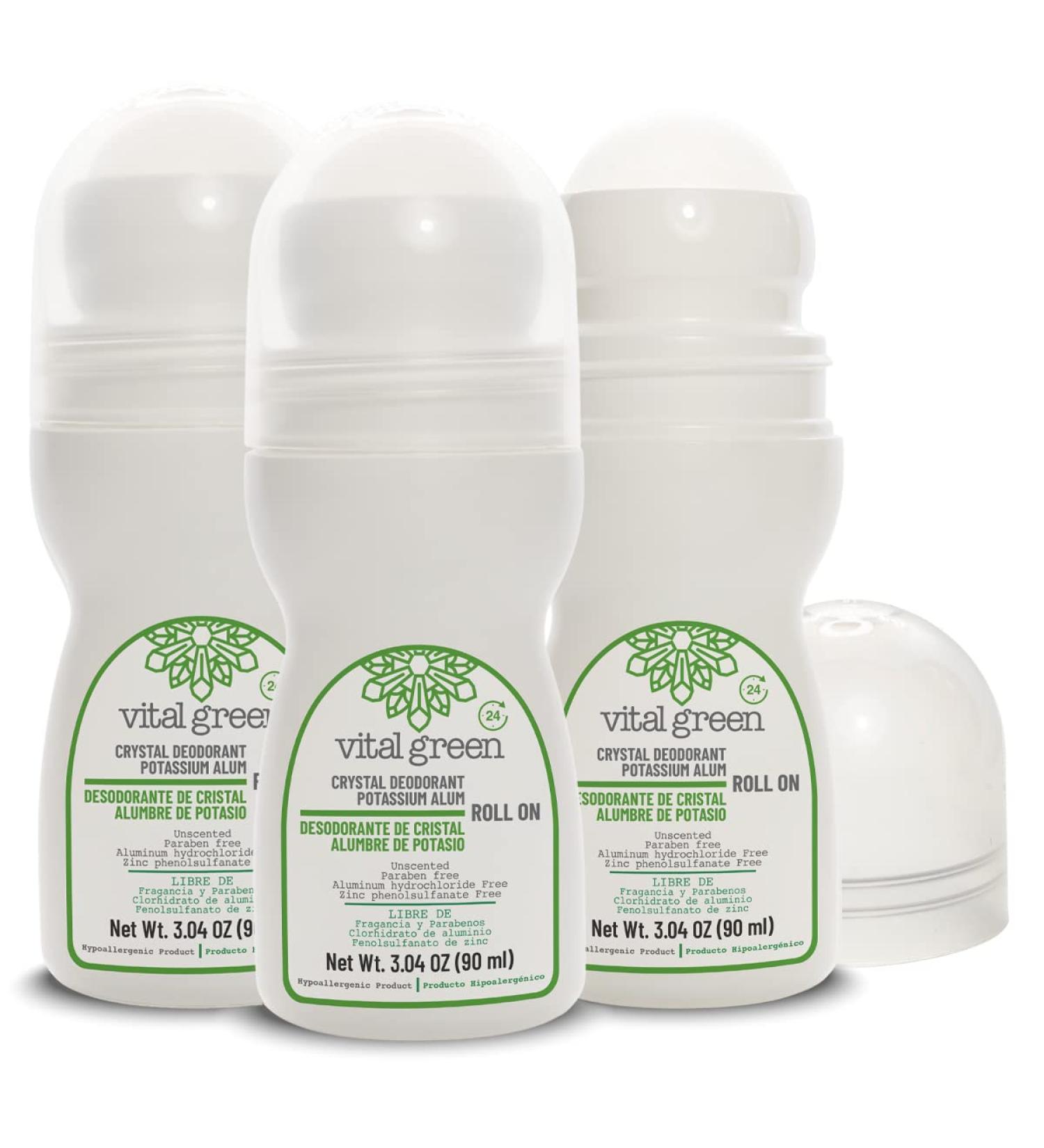 Vital Green Natural Roll On Deodorant of Potassium Alum For all Skin Types Unscented Mineral Deodorant For Men and Women - Eliminates bad odor and does not stain 3.04 Fl Oz / 90 ml (3 Units) - Buy Online on GoSupps.com