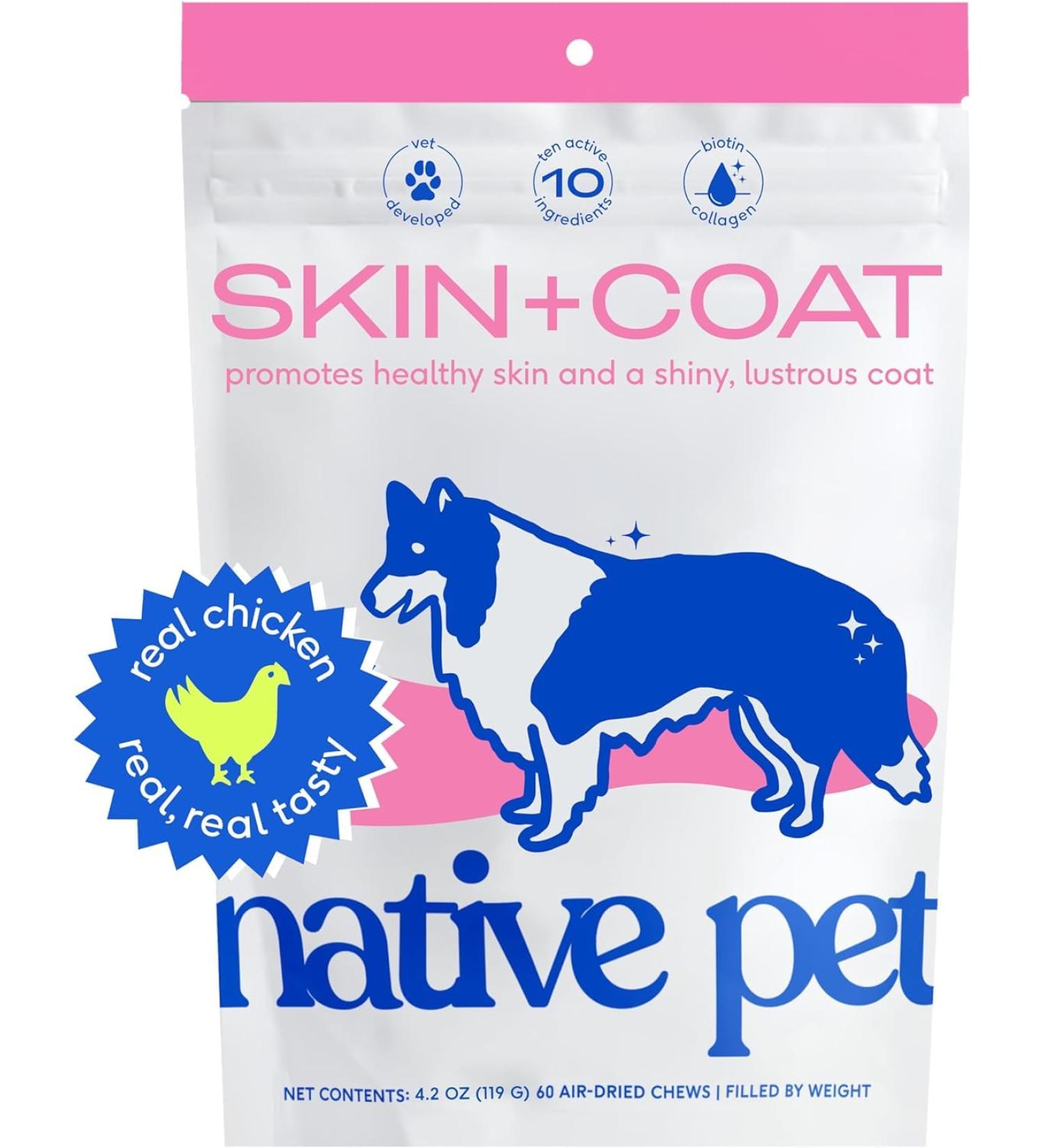 Native Pet Skin and Coat Chews for Dogs - Wild-Caught Salmon Oil Omega 3 Supplements for Shedding & Hair Loss - 30 Chews - Buy Online on GoSupps.com