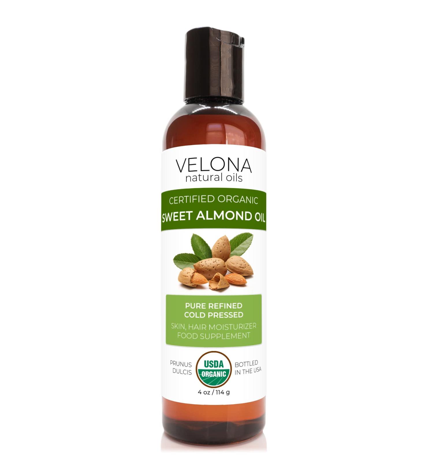 Velona USDA Certified Organic Sweet Almond Oil - 4 oz | 100% Pure Refined Cold Pressed Carrier Oil for Skin, Hair & Body Moisturizing - Buy Online on GoSupps.com