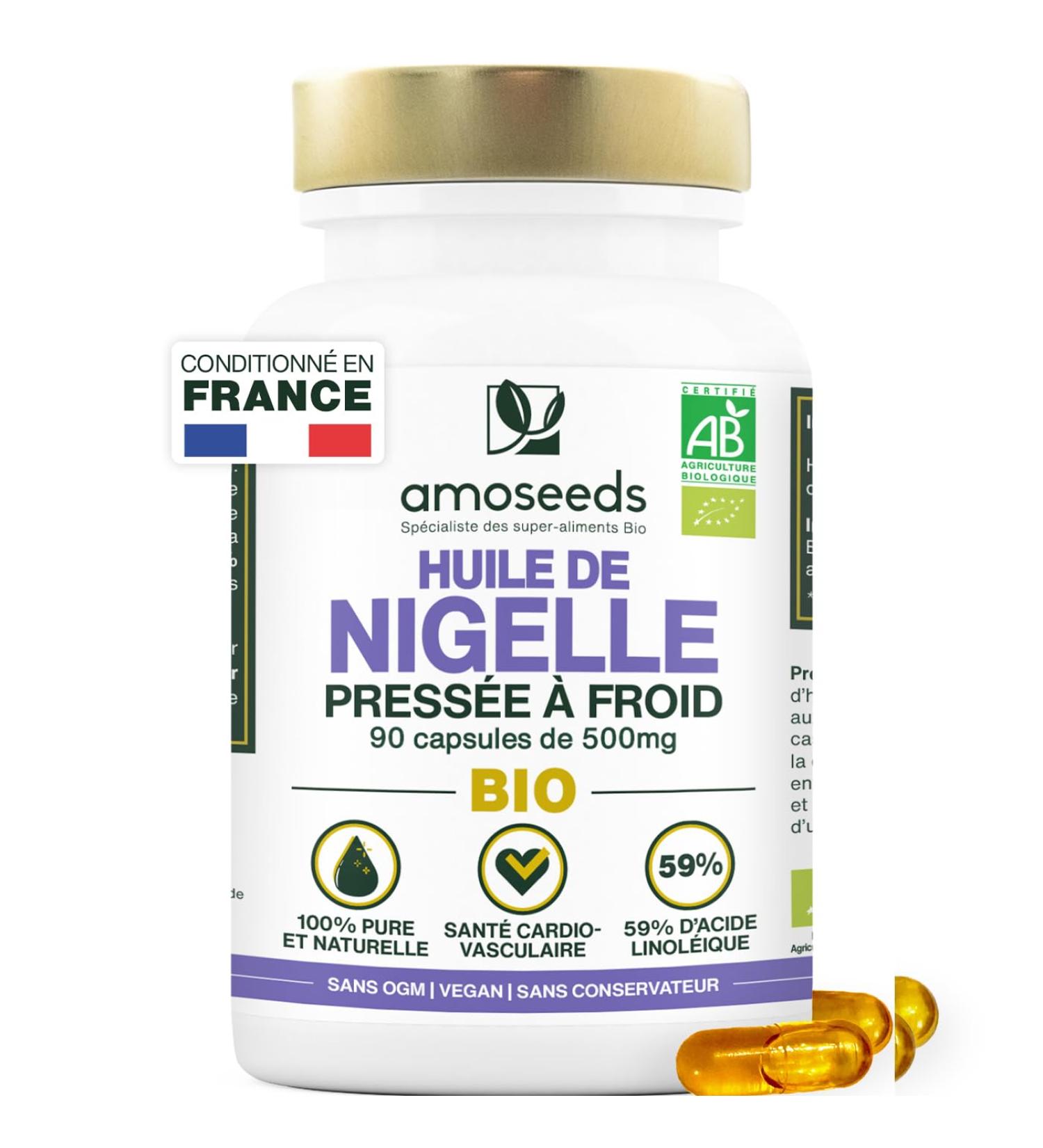 Huile de Nigelle BIO | 1 500mg d Huile de Cumin Noir pure | Premi re pression froid | 59% acide linol ique | 90 capsules v g tales vegan | Conditionn en France | Qualit Sup rieure - Buy Online on GoSupps.com