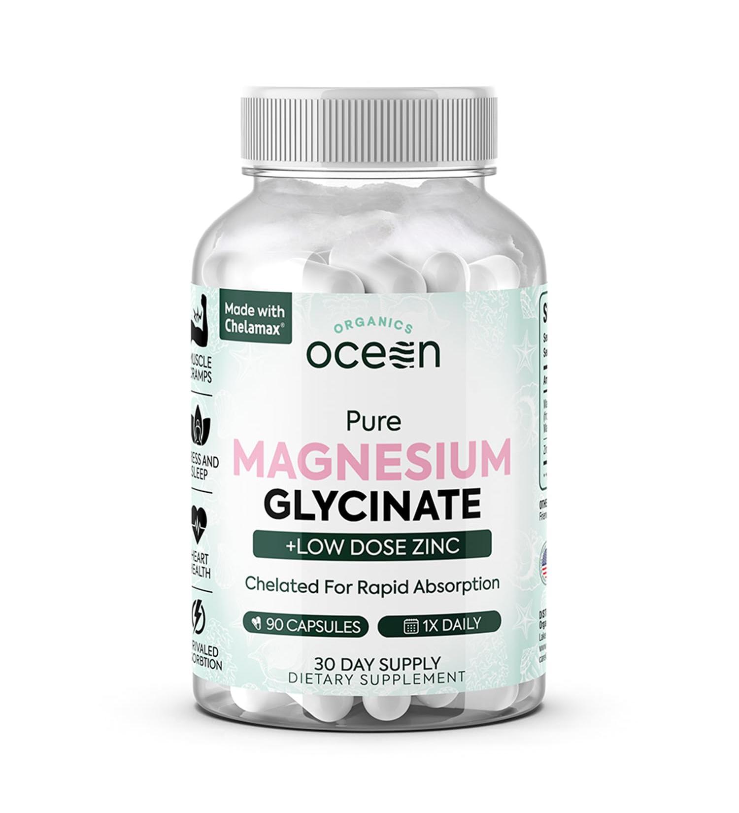 Organics Ocean Pure Magnesium Glycinate with Zinc - Maximum Strength Chelated Magnesium Supplement for Women and Men for Muscle Cramps and Sleep Support - 90 Capsule 90 Count (Pack of 1) - Buy Online on GoSupps.com