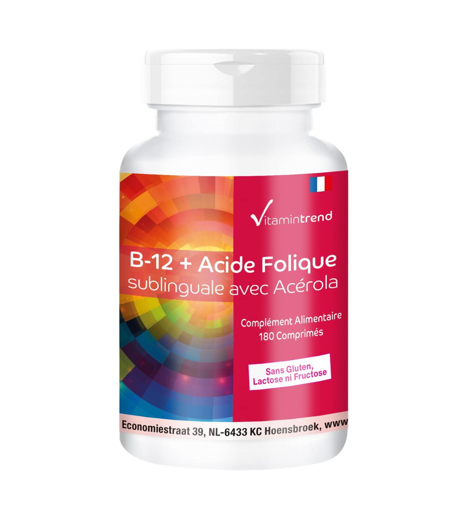 Vitamin B-12 + Sublingual Folic Acid - 180 Tablets with 500 g Vitamin B12 100 g Folic Acid and Acerola (25% Vitamin C) - High Dosage - Supplements from Germany | Vitamintrend - Buy Online on GoSupps.com