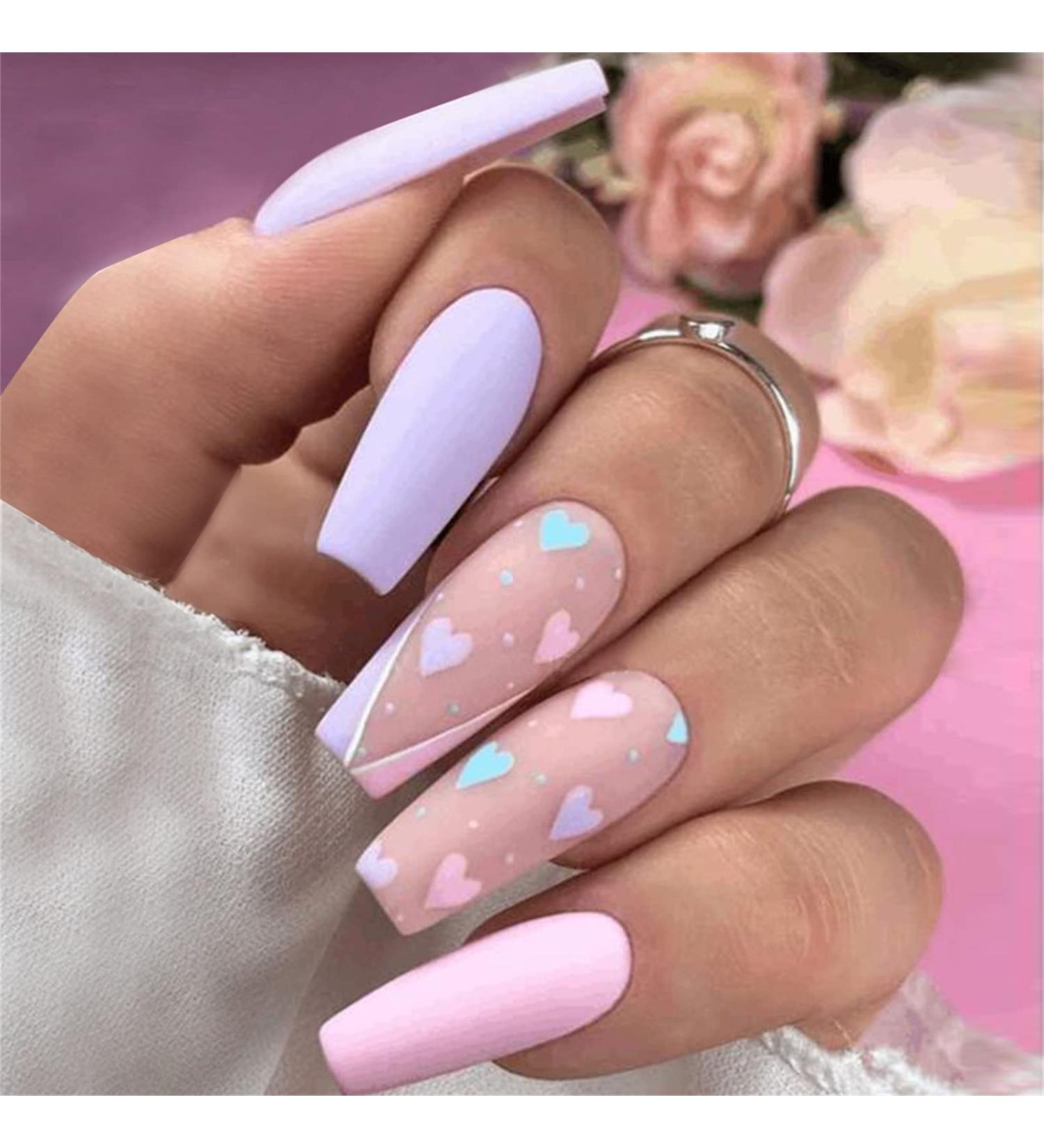 Long Fake Nail Full Cover with Glue Detachable Pink Blue Heart French Press on Nails 24 Pieces Finger Nail Art Tips for Nail Salons and Women DIY Nail Art - Buy Online on GoSupps.com