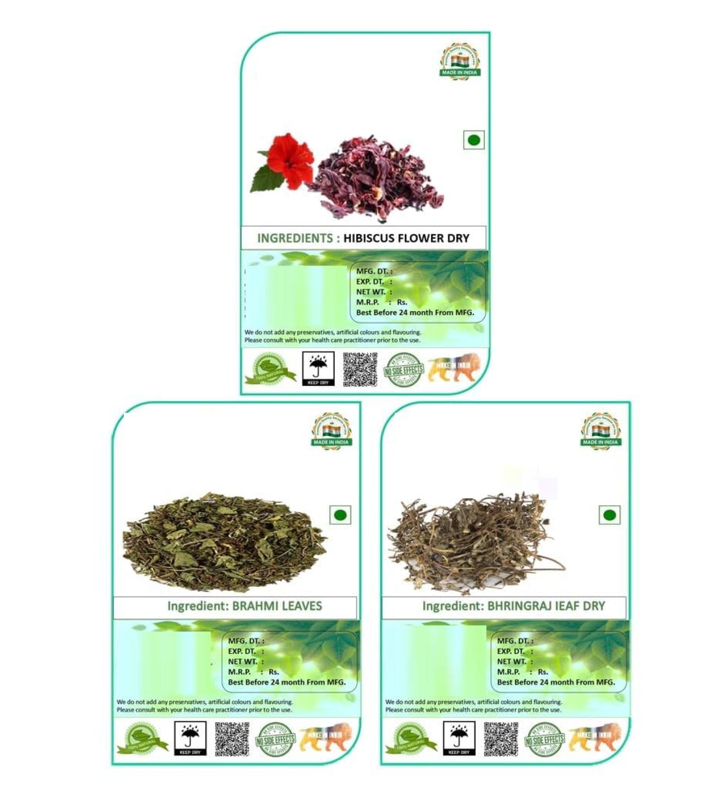 Pack of 3 dried Bhringraj Brahmi and Hibiscus flowers for hair growth and strengthening 300g - Buy Online on GoSupps.com