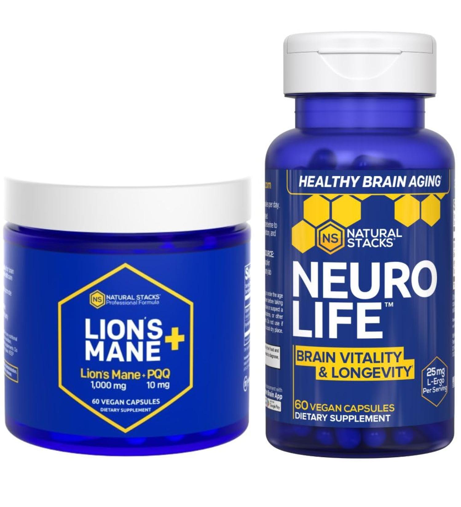 NATURAL STACKS Lions Mane+ Mushroom + NeuroLife Supplement Bundle - Supports Memory Vitality & Longevity - 120 Total Capsules - Buy Online on GoSupps.com