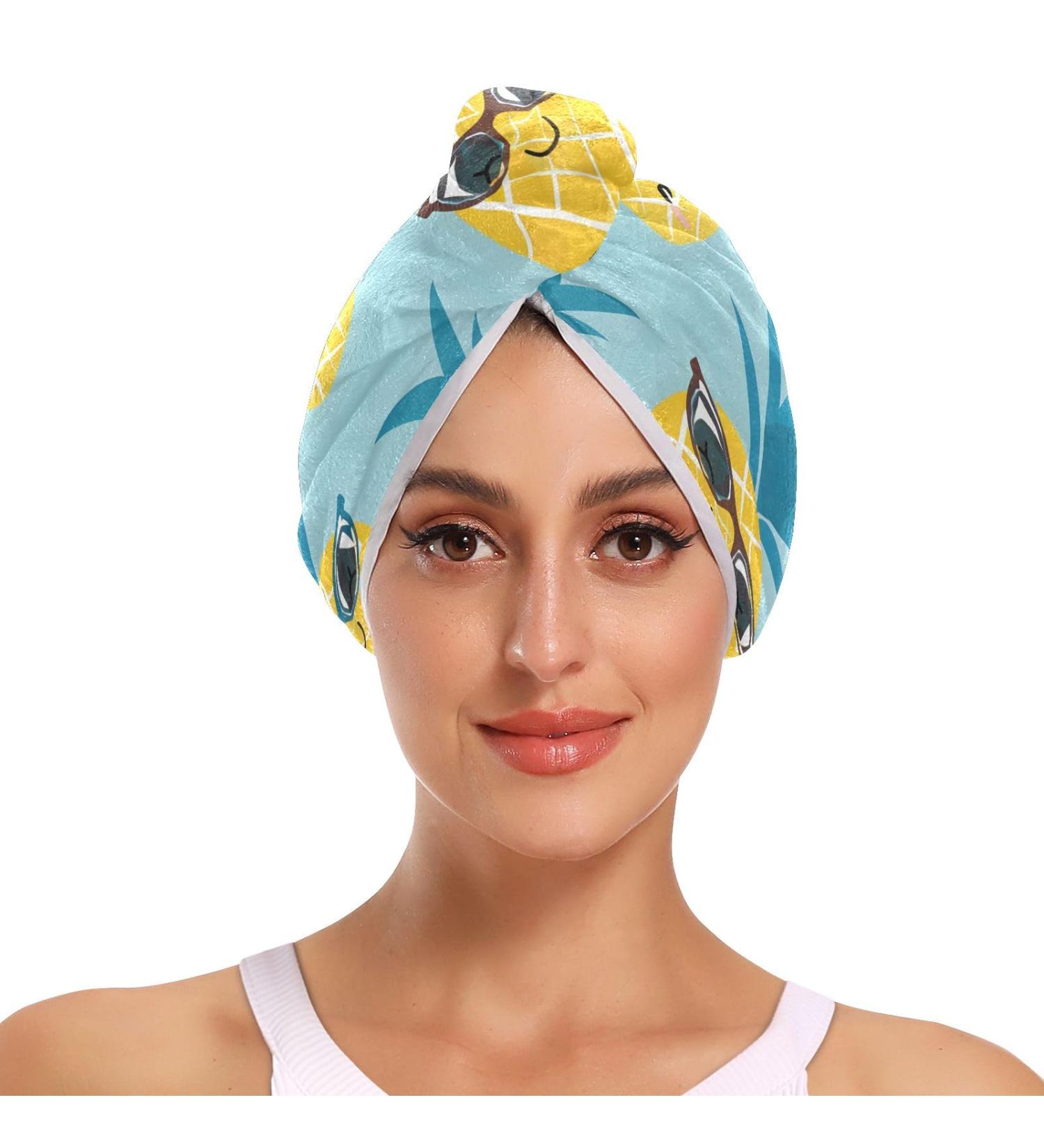 Super Absorbent Pineapple with Sunglasses Hair Towel 2 Pack | Quick Drying Turbans for Women & Girls | Ideal Hair Wrap with Button Twist - Buy Online on GoSupps.com