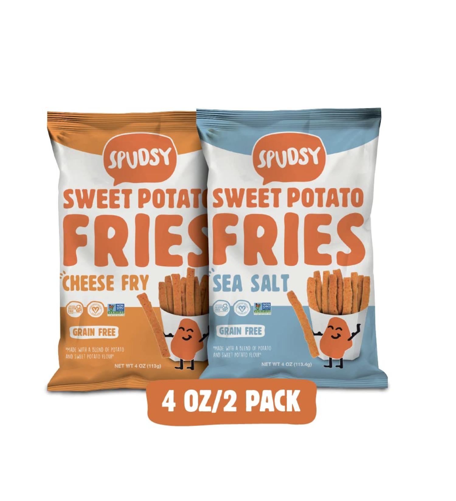 Spudsy Sweet Potato Fries | Vegan, Gluten-Free Snacks | Plant-Based, Allergen-Free, Non-GMO, Kosher | Superfood 2 Pack - 4 oz Bags (Cheese Fry / Sea Salt Fry) - Buy Online on GoSupps.com
