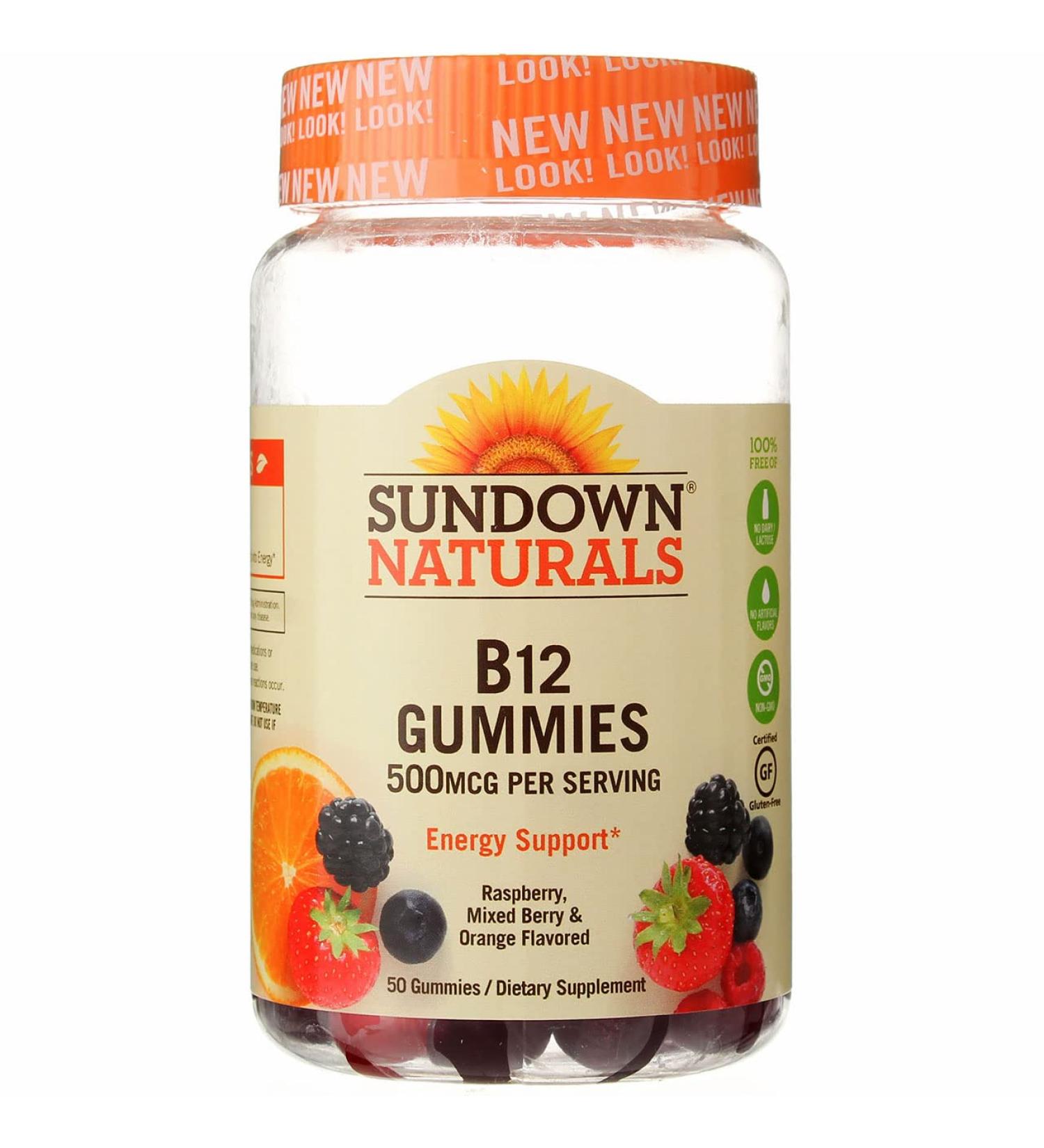 Sundown Naturals B12 Gummies | Raspberry Mixed Berry & Orange Flavored | 500 mcg | 50 Gummies - Buy Online on GoSupps.com