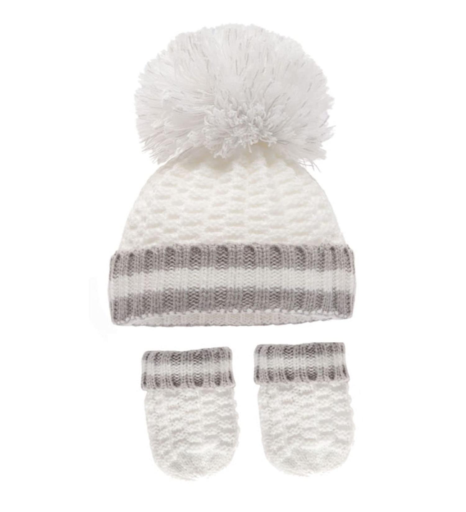 Royal Icon Baby Knitted Pom Pom Hat with Mittens Baby Boys Girls Winter Hat Mittens Set Cable Knit Single Pom Pom Bubble Hat Colours Available NB-12 Months RI6512 0-12 Months White Grey - Ri648