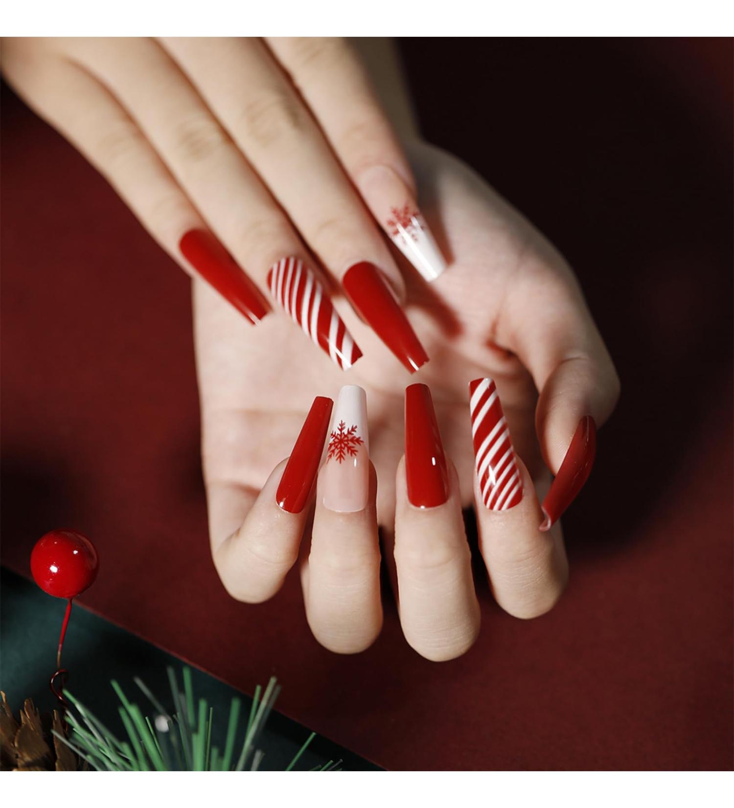 24Pcs Red Snow Christmas Fake Nails - Press On Coffin Ballerina Full Cover with Nail Glue - False Nails for Women Girls DIY Manicure - Buy Online on GoSupps.com