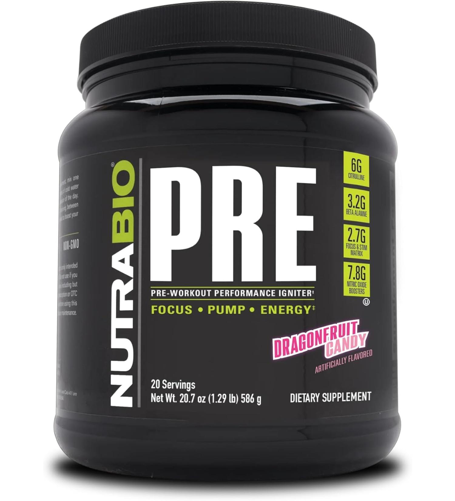 NutraBio - PRE Workout Powder - Old Formula- Sustained Energy, Mental Focus, Endurance - Beta Alanine, Creatine, Caffeine, Electrolytes - 20 Servings - Dragonfruit Candy - Buy Online on GoSupps.com