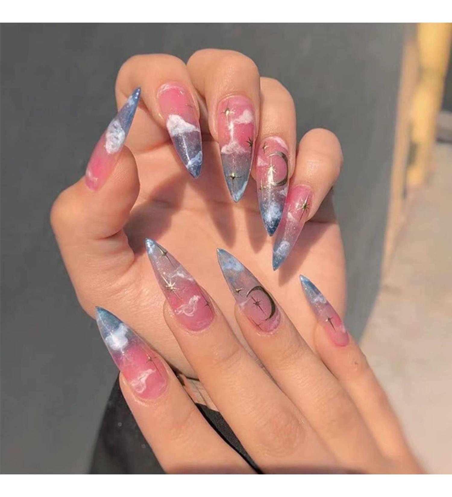 Acrylic Cloud Stick on Nails - 24pcs Extra Long Press On Nails Pink and Blue Sky Ballet Fake Nails - With Glue for Women and Girls - Buy Online on GoSupps.com