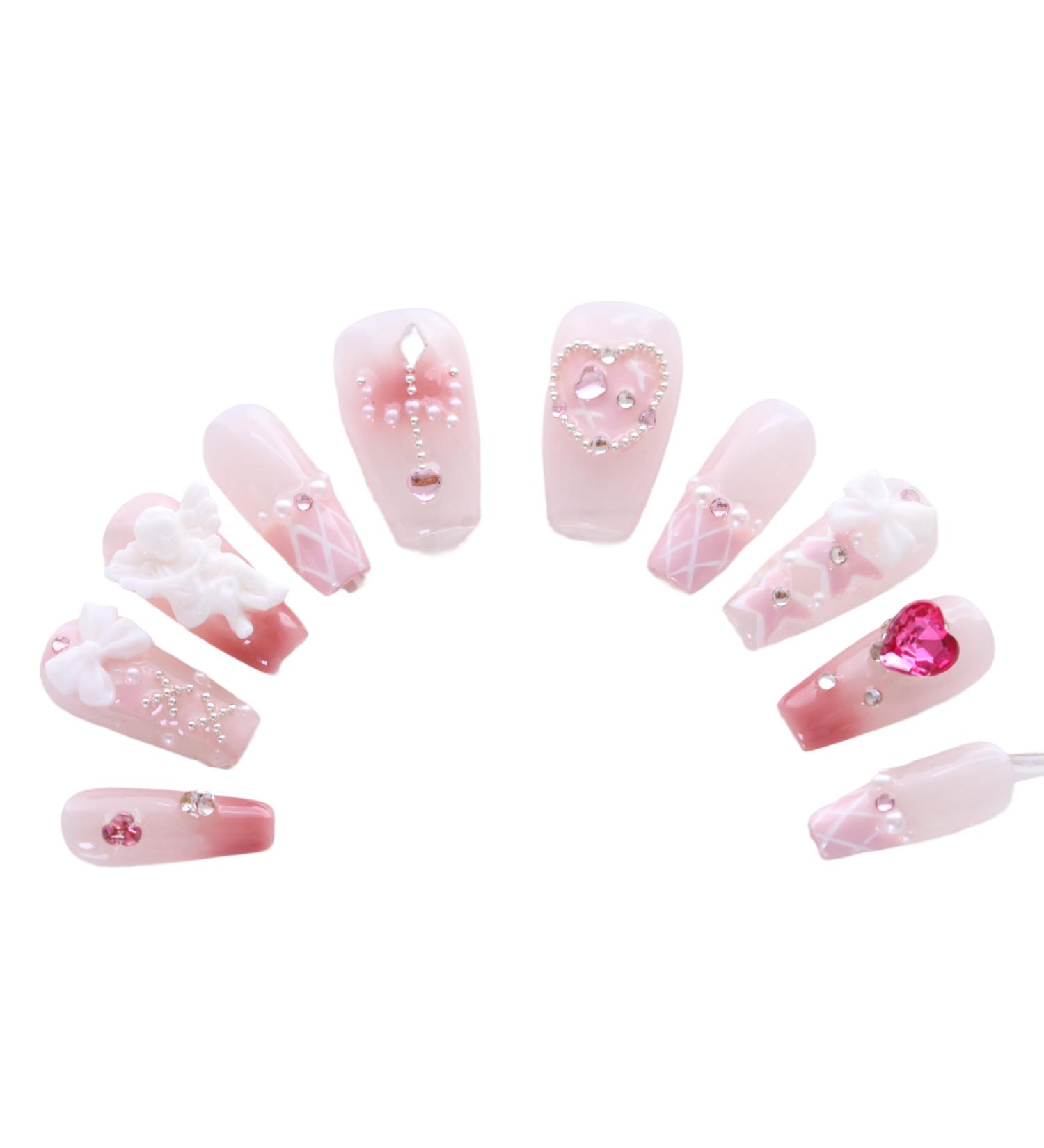 PN-008 Press-On Nails Lacquered 10 Pieces Reusable False Nails Glamour Rhinestones Ballerina Heart Cute Pink - Buy Online on GoSupps.com