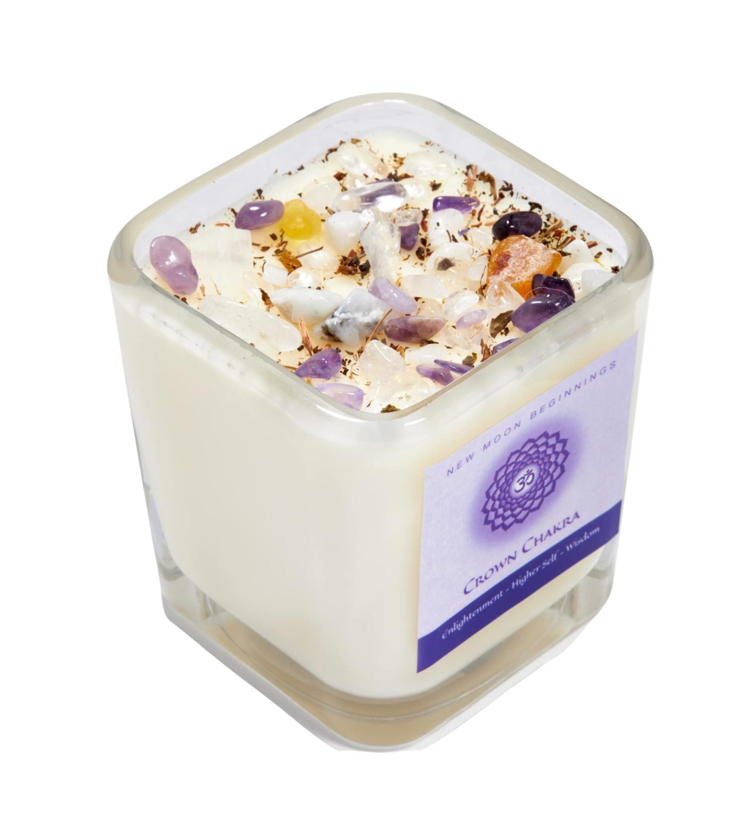Crown Chakra Candle by New Moon Beginnings - Aromatherapy Soy Candle with Dried Flowers Herbs & Crystals - 7.5oz Glass Jar for Spiritual Balance - Buy Online on GoSupps.com