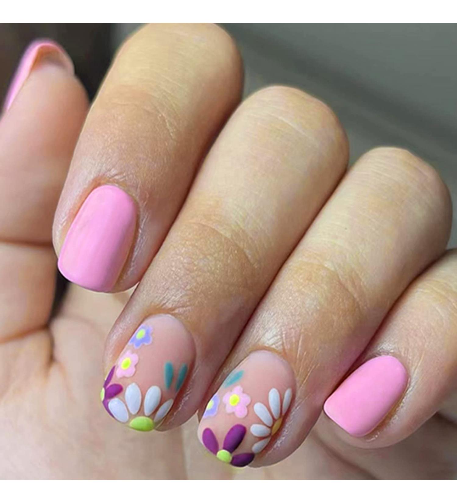 Colorful Daisy Flower Short Square Press-On Nails - 24Pcs Full Cover Acrylic French Tips for Women and Girls - Buy Online on GoSupps.com