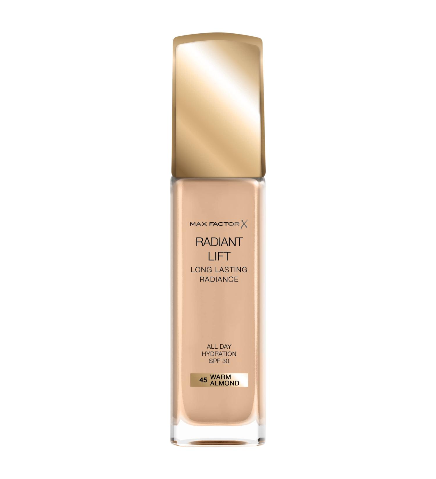 Max Factor Radiant Lift Liquid Pump?Medium?to?Full Coverage Radiant Finish?Foundation with SPF30 and Hyaluronic Acid 045 Warm Almond Medium Skin Tone 30ml