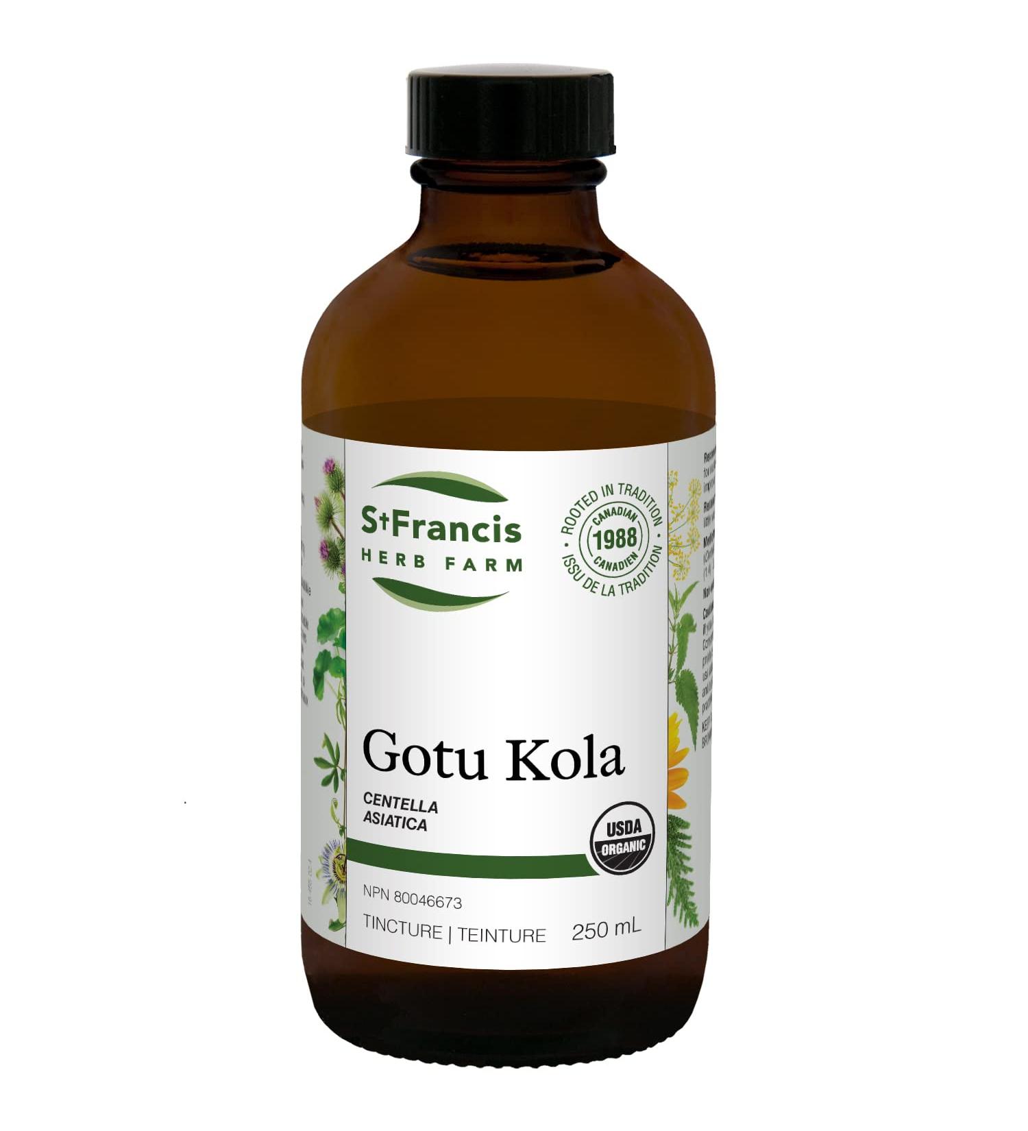 St Francis Herb Farm - Gotu Kola (Centella asiatica leaf) Certified Organic Herbal Tincture Extract Gotu Kola is used in Herbal Medicine as a calmative for restlessness and nervousness and also as a tonic for the mind and to improve memory (250 ml)