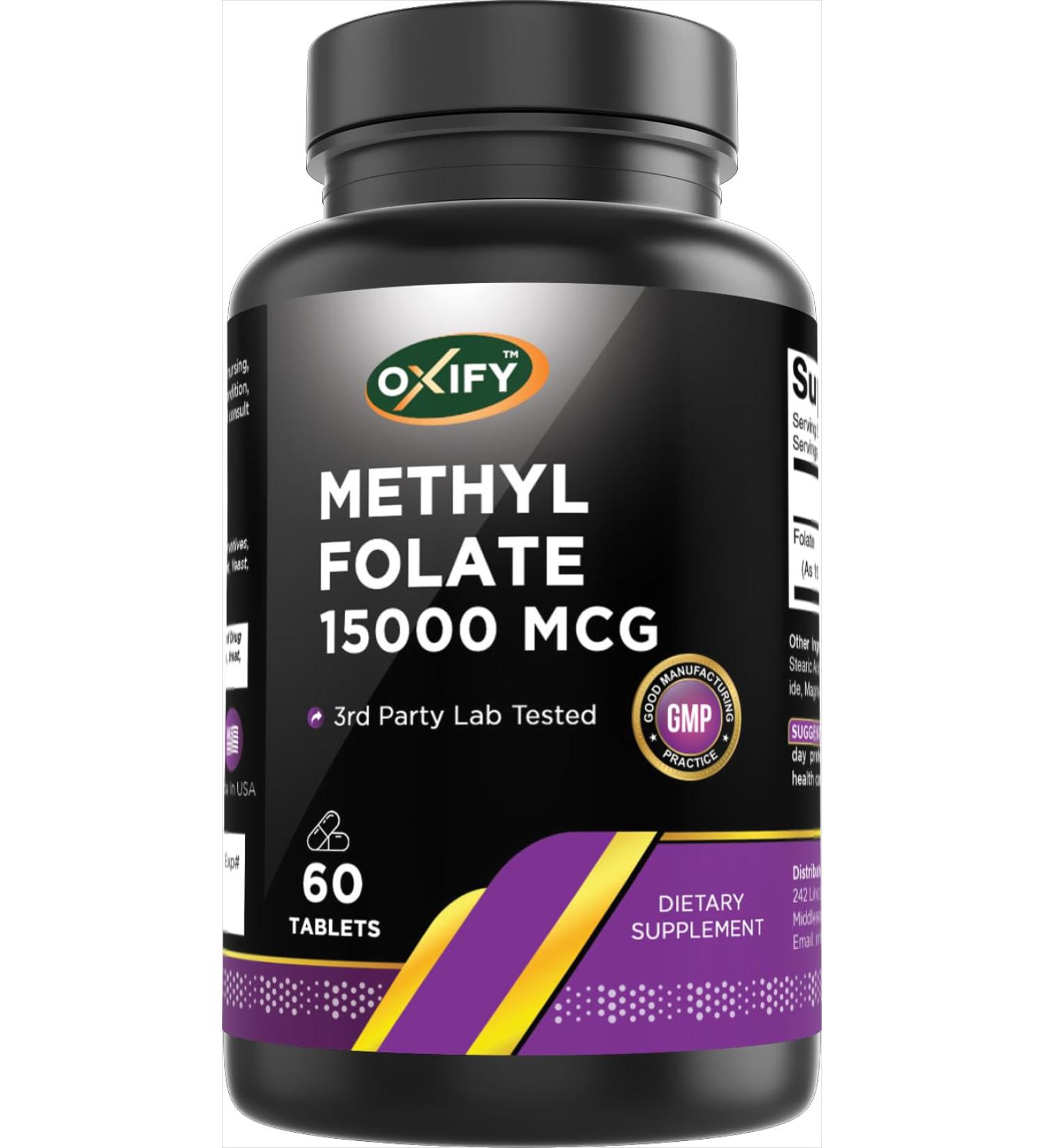 Oxify Methyl Folate 15000 mcg | 60 Tablets | Gluten-Free Non-GMO | Supplement Made in USA