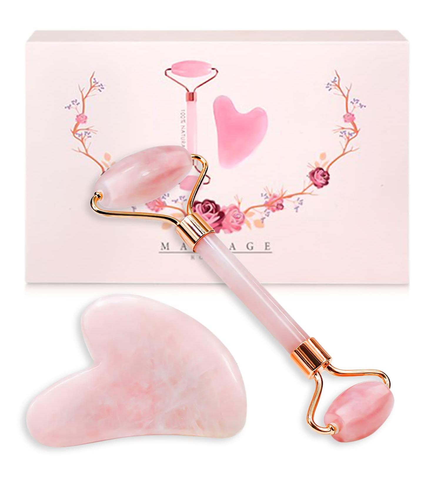 Buy Rose Quartz Roller & Gua Sha - Facial Beauty Tools for Skin Care Relaxation & Anti-Aging - Buy Online on GoSupps.com