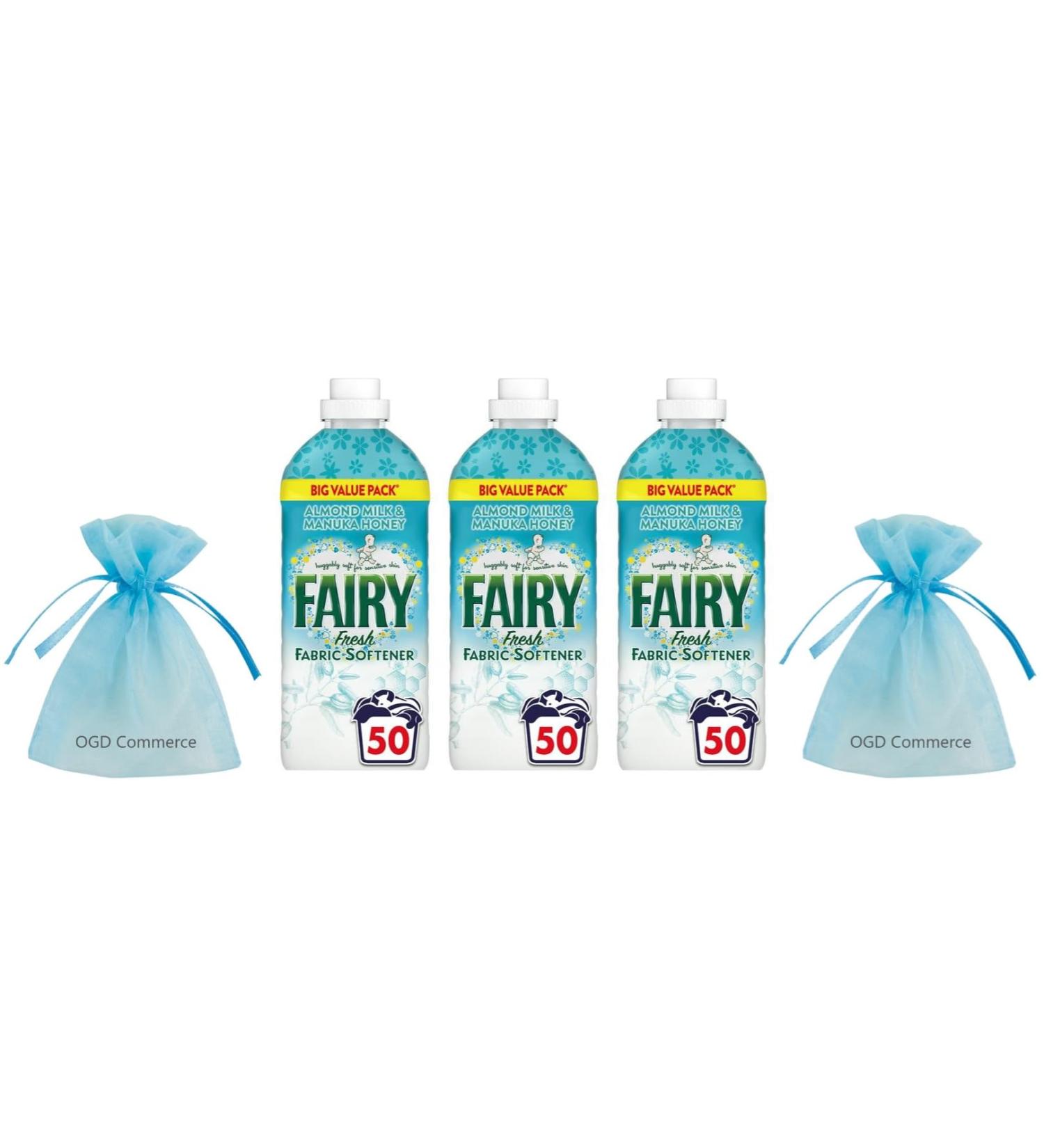 Fairy Fresh Fabric Conditioner Snuggly Soft for Sensitive Skin 50 washes 1.65L Almond Milk & Manuka Honey Scent Pack of 3 + for You: Organza Small Bag - Buy Online on GoSupps.com