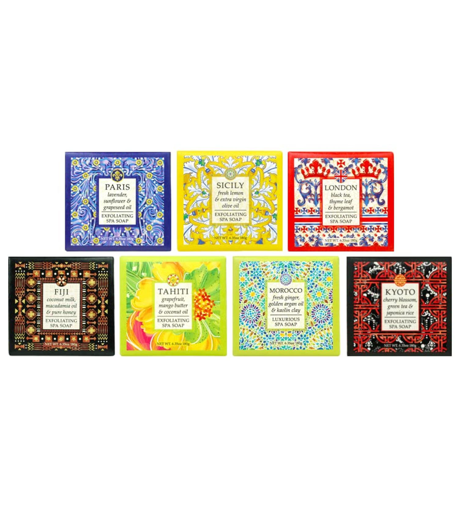 Greenwich Bay Destination Exfoliating Spa Soaps 7-Piece Set | Travel to London Kyoto Tahiti Paris & More | Luxury 6.35 oz Bars - Buy Online on GoSupps.com