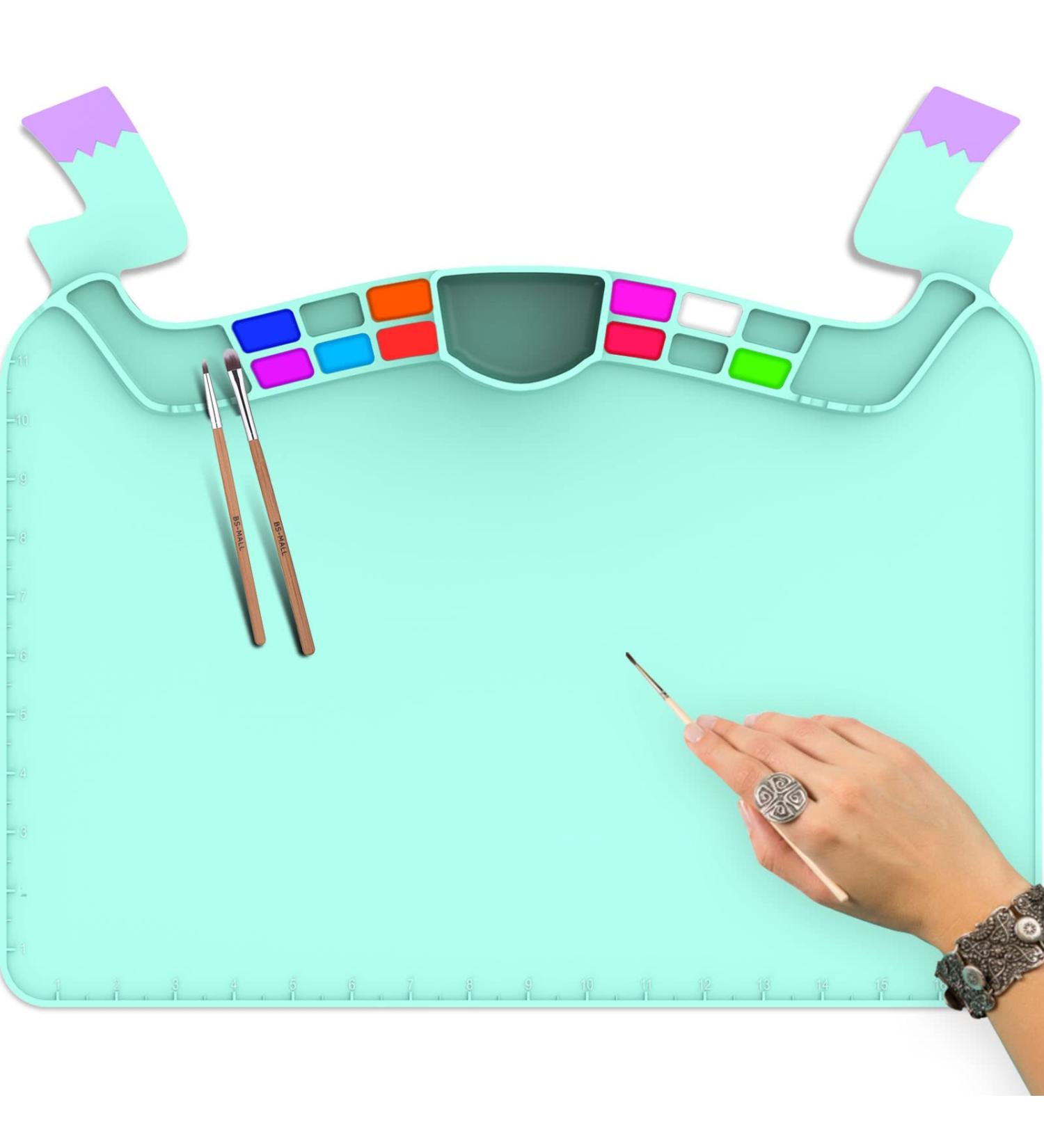 AWOKE Silicone Art Mat 17.7X15.7 with Water Cup for Kids | 12 Color Dividers & 2 Large Paint Dividers | Artist Mat in Lake Blue - Buy Online on GoSupps.com
