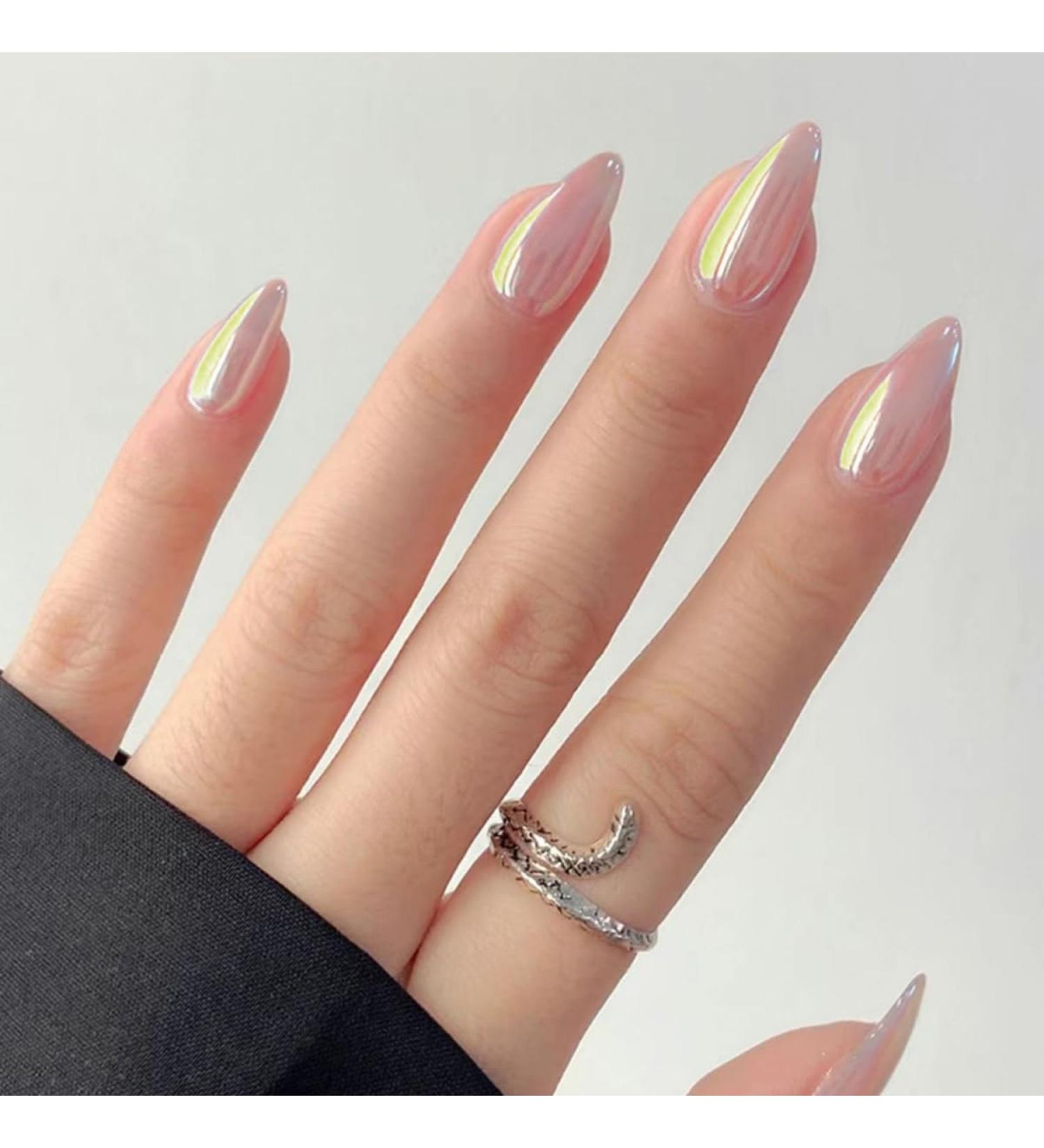 JUSTOTRY 24 Pcs Chrome Almond Short False Nails Solid Press on Nails Pattern Glossy Pink Fake Nails Short Mirror Oval French Medium Stick on Nails for Women and Teens Nails Art 26Chrome&solid1 - Buy Online on GoSupps.com