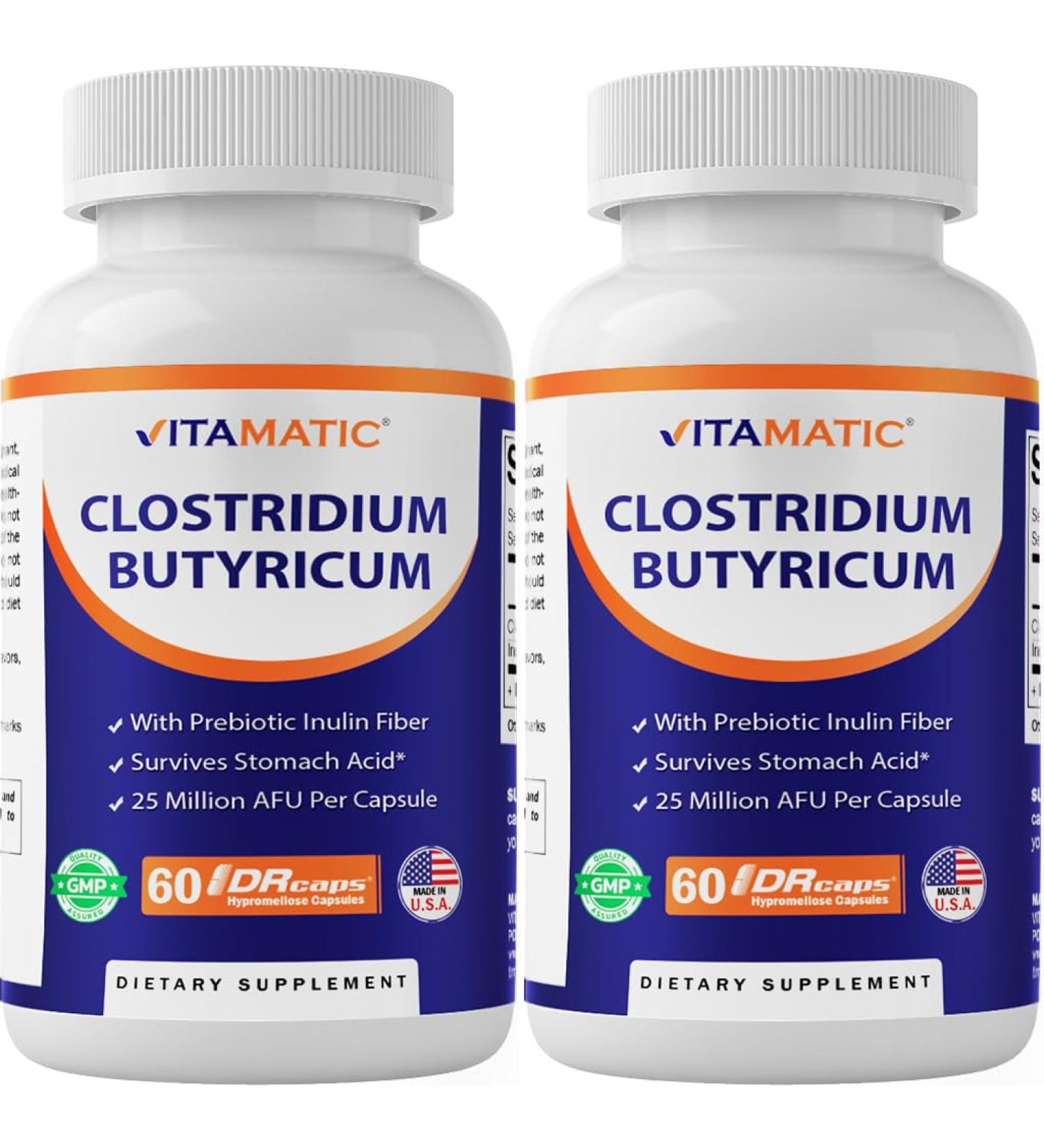 Vitamatic Clostridium butyricum 25 Million - Gut Health - 60 DR Capsules (Delayed Released) - Made with Prebiotic Inulin Fiber- 2 Pack - Buy Online on GoSupps.com
