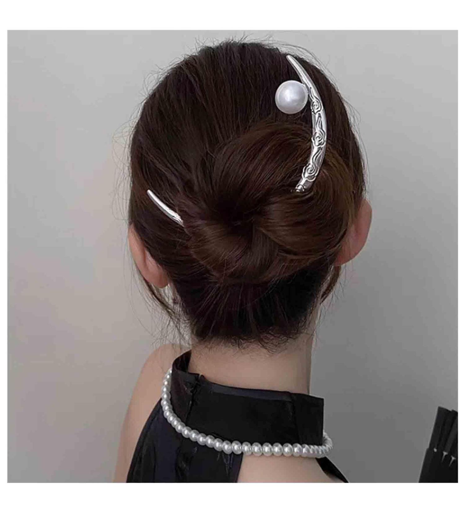 Aneneiceera Vintage Moon Hair Stick Pins Moon Pearl Hair Fork Metal Long Hair Pin Clips Silver Hair Bun Pearl Hair Holder Stick Minimalist Hair Accessories - Buy Online on GoSupps.com
