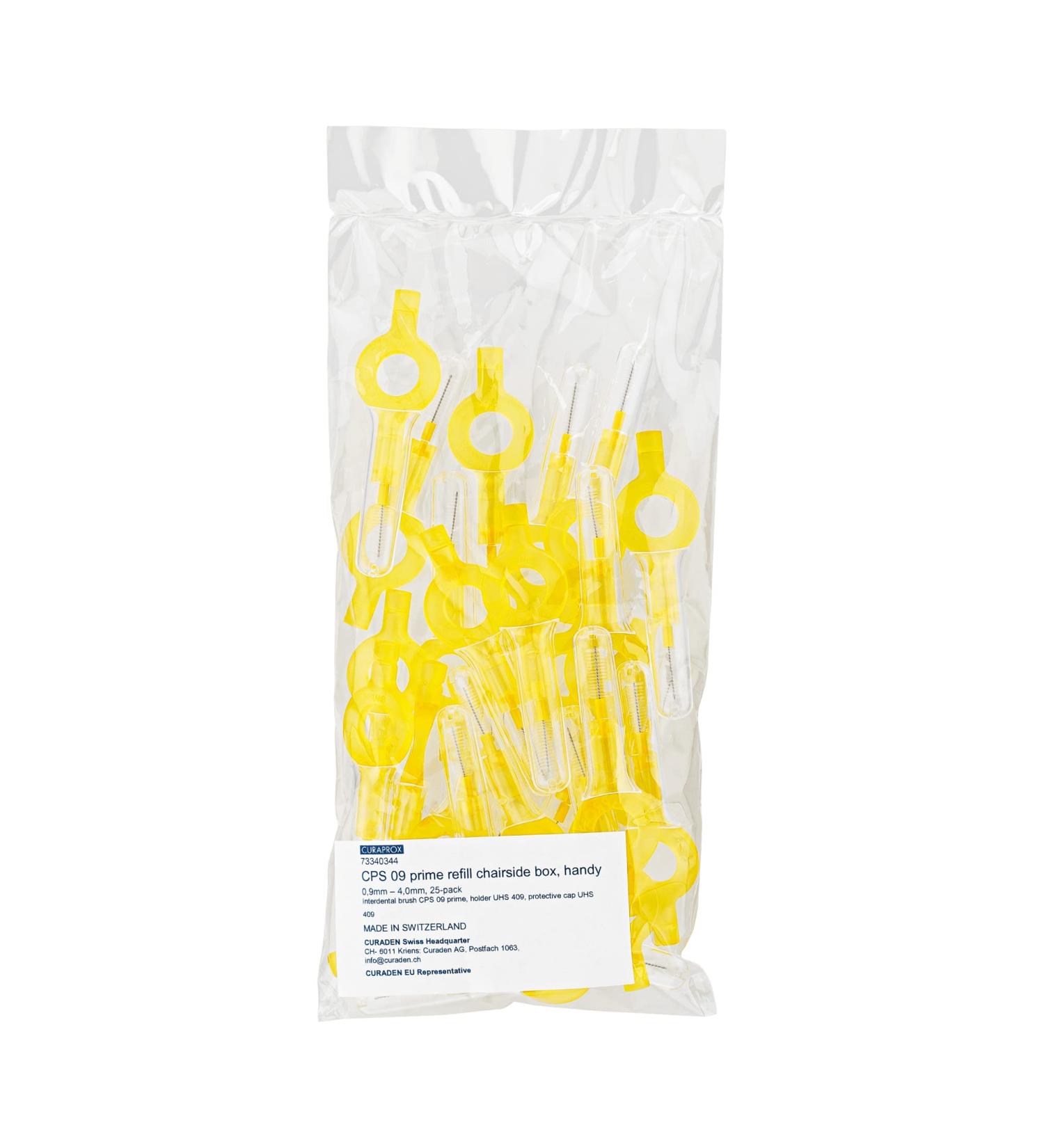 Premium Interdental Brushes - Curaprox Prime CPS 09 Yellow - Interdental Flossers - 25 Brushes & 25 Small Handles to Reach Every Corners of the Mouth - Flossers for Teeth