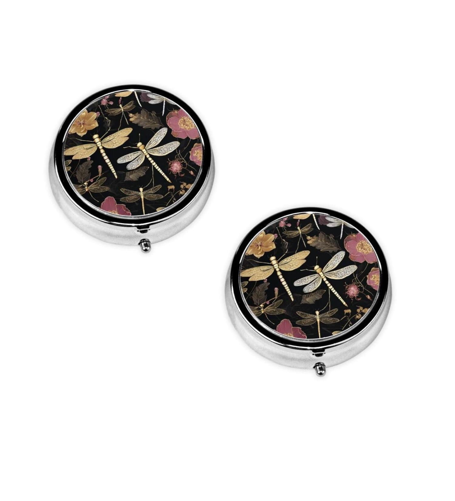 Dragonflies Grey Printed Mini Round Pill Box | 3 Compartment Travel Pill Organizer | Portable Medicine Case for Home & Office - Buy Online on GoSupps.com