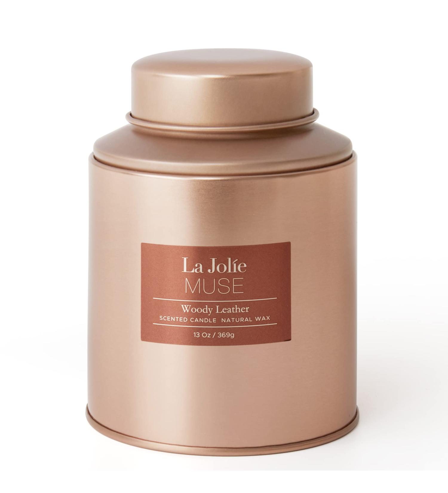 La Jolie Muse Woody Leather Scented Candle - Natural Wax - 100 Hours Long Burning - Holiday Tin - 13 oz Large Size - Buy Online on GoSupps.com