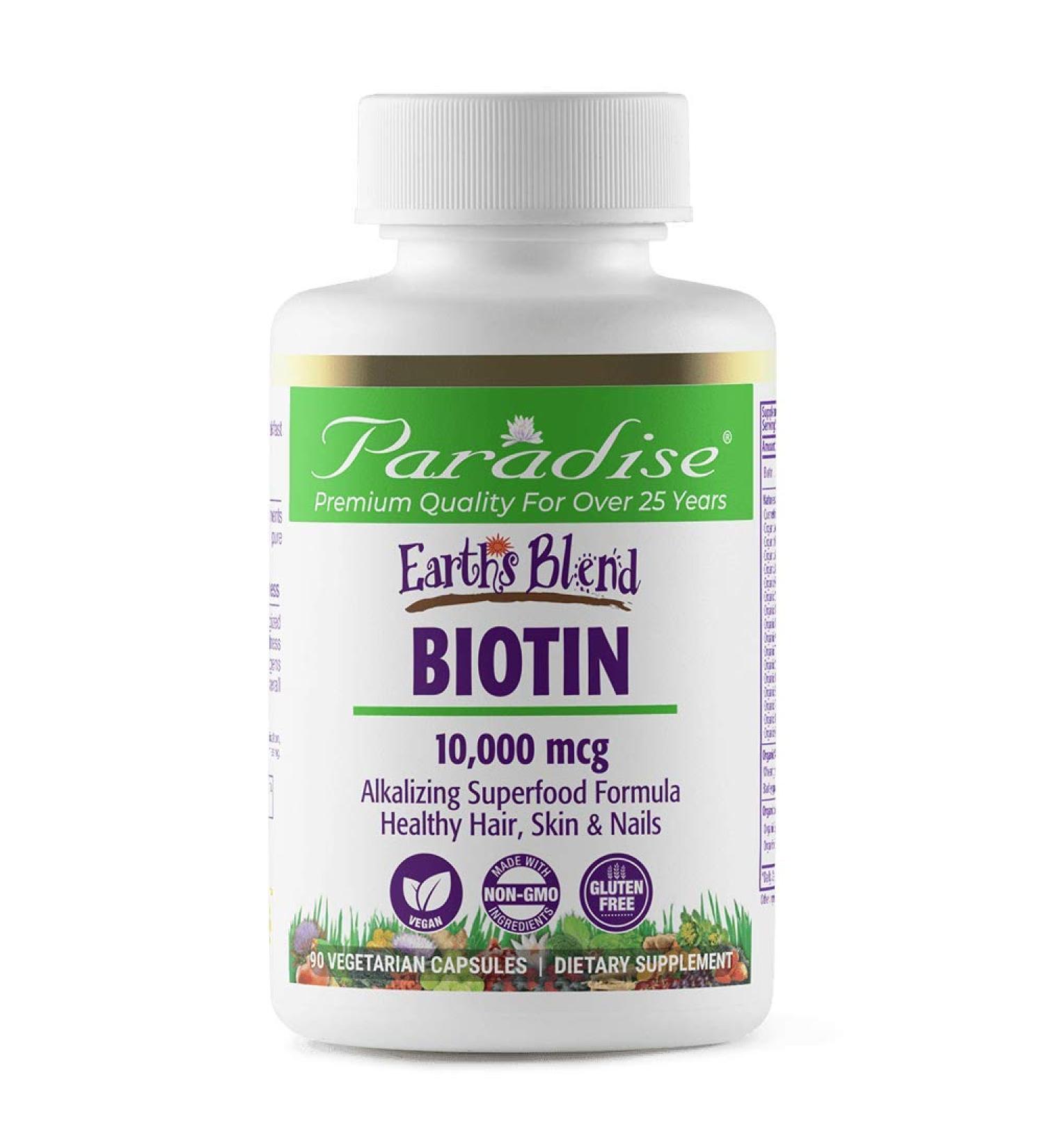 Paradise Herbs Earthâ€™s Blend Biotin 10,000 mcg - 90 Vegetarian Capsules for Hair, Skin & Nail Health - Buy Online on GoSupps.com