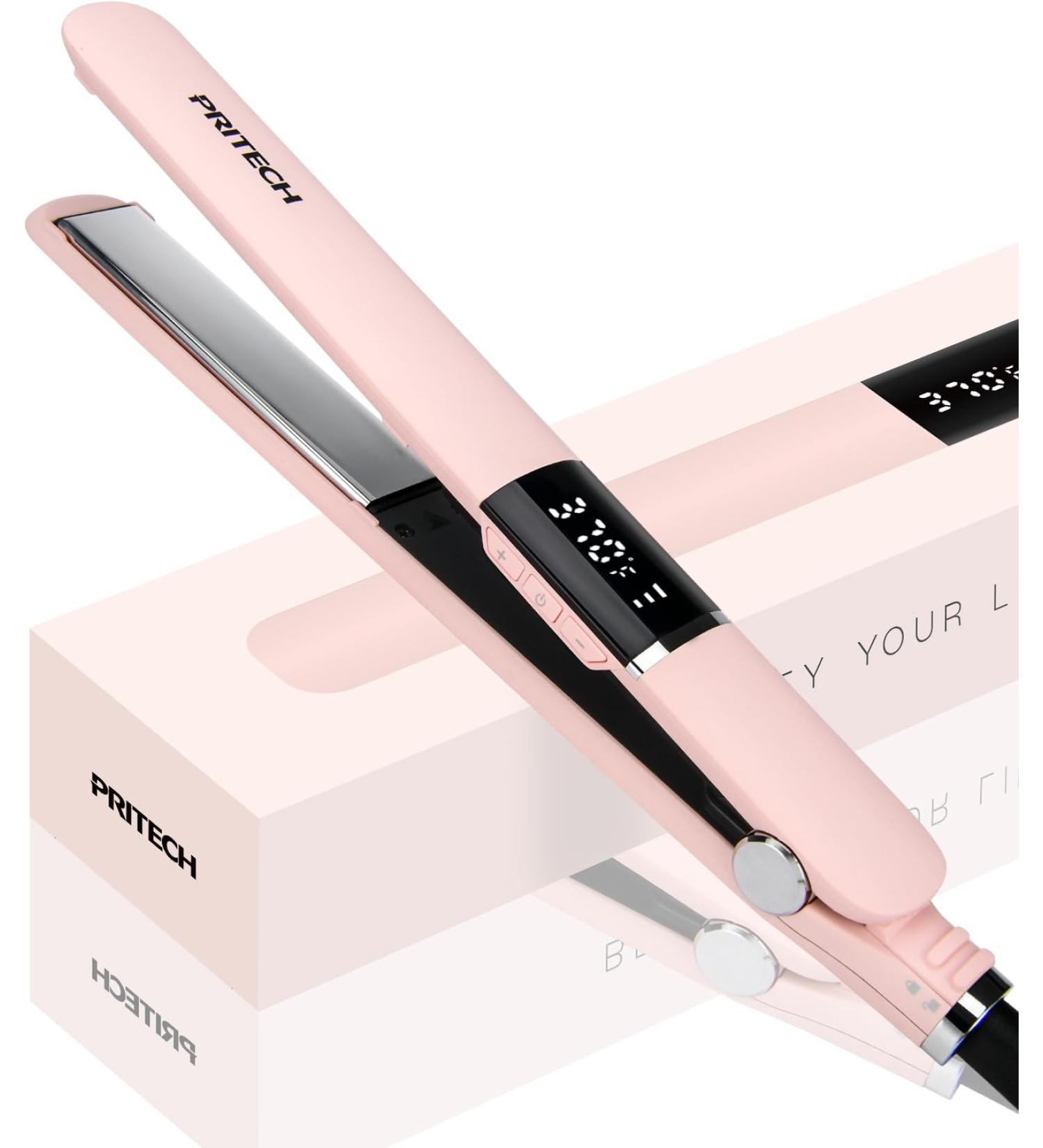 PRITECH Titanium Flat Iron Hair Straightener - Adjustable Temp 290 F-450 F 1-Inch Plate Anti-Scald Dual Voltage 2-in-1 Curler - Pink - Buy Online on GoSupps.com