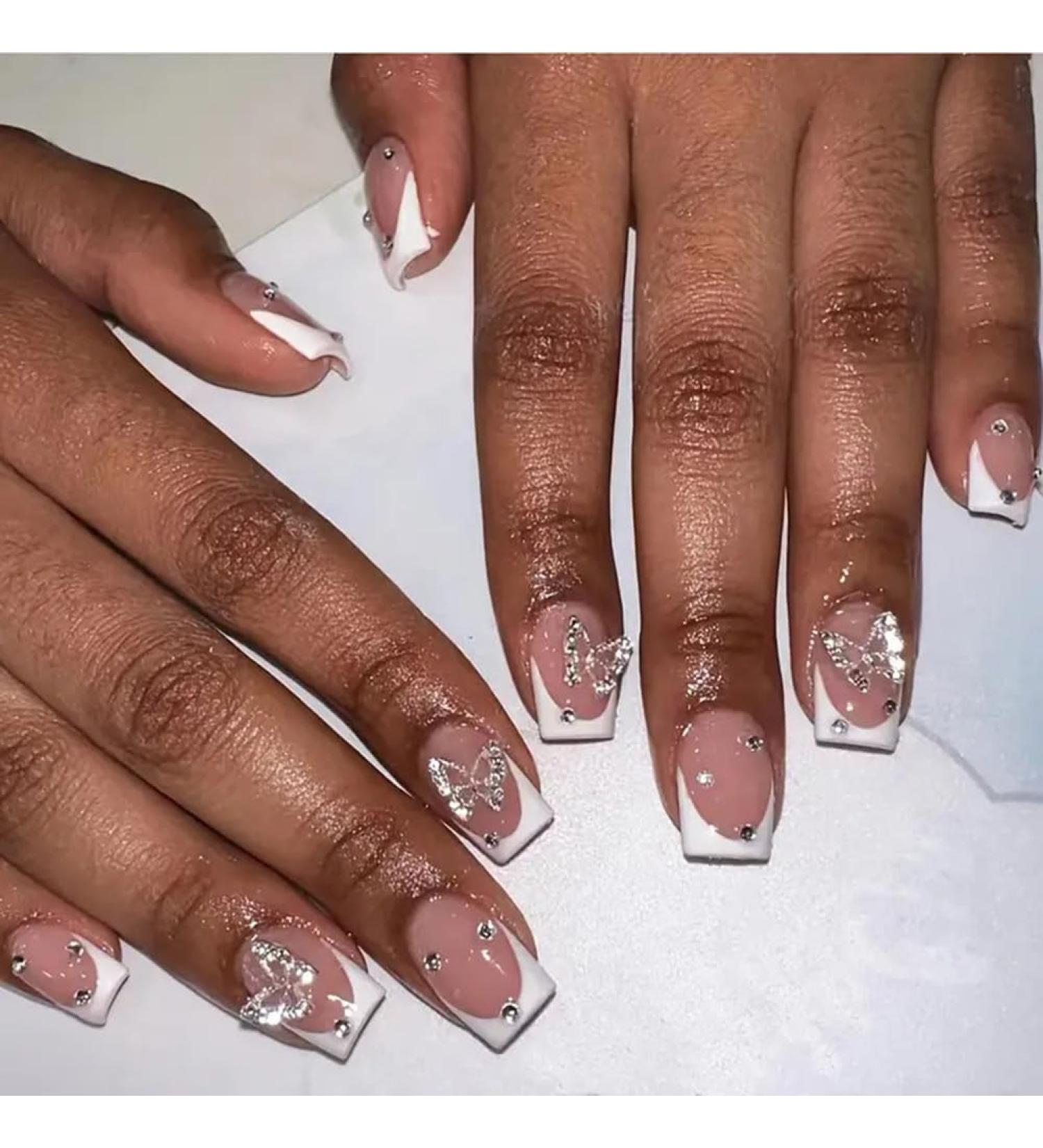 Short Press on Nails with Butterfly Charms - White French Acrylic Square Shape | Cute 24Pcs Stick-On Nails for Women - Buy Online on GoSupps.com