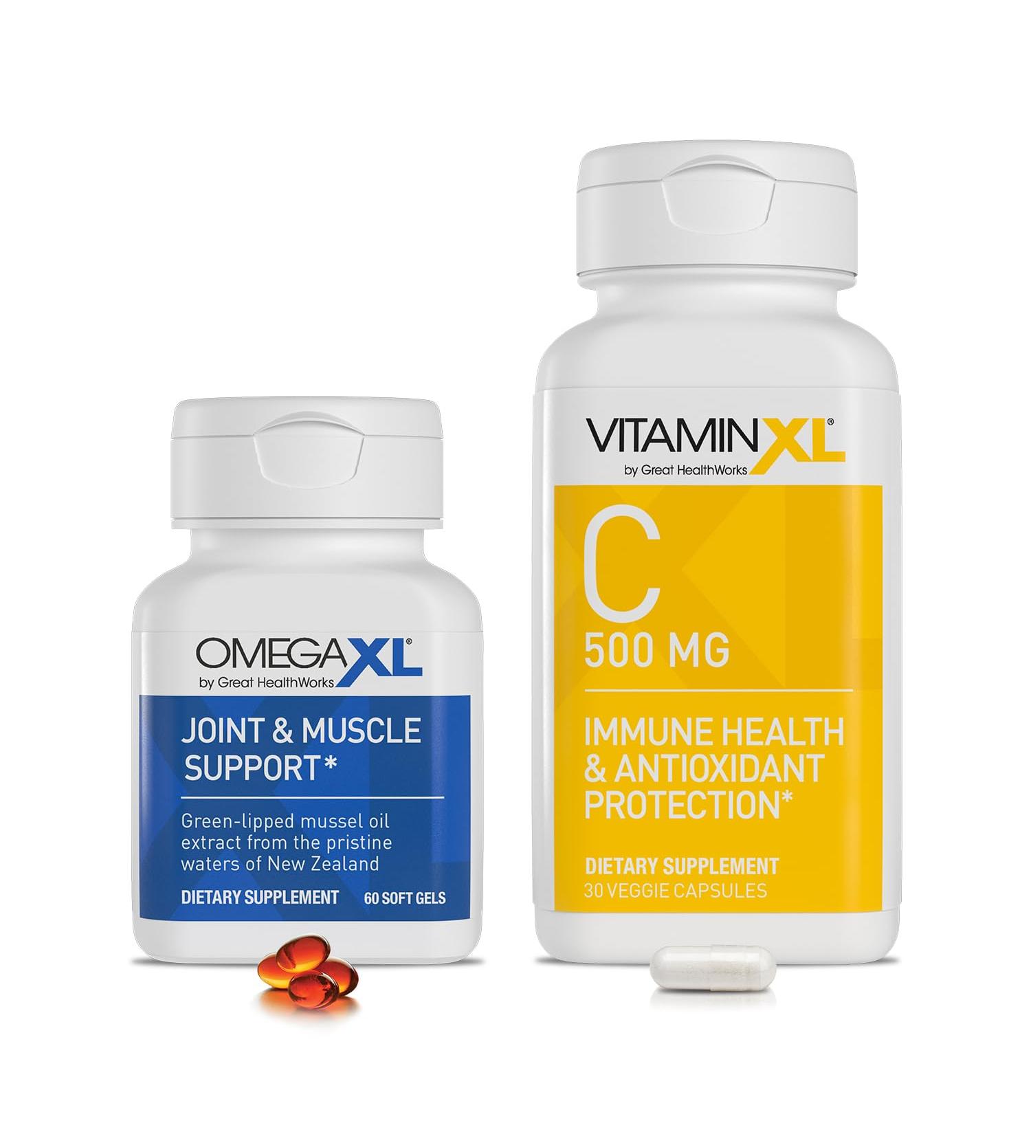 OmegaXL Joint Support Supplement, Natural Muscle Support (60 Softgels) & VitaminXL Vitamin C Supplement for Antioxidant Support, Helps Immune Health and Collagen Production (30 Vegan Capsules) - Buy Online on GoSupps.com