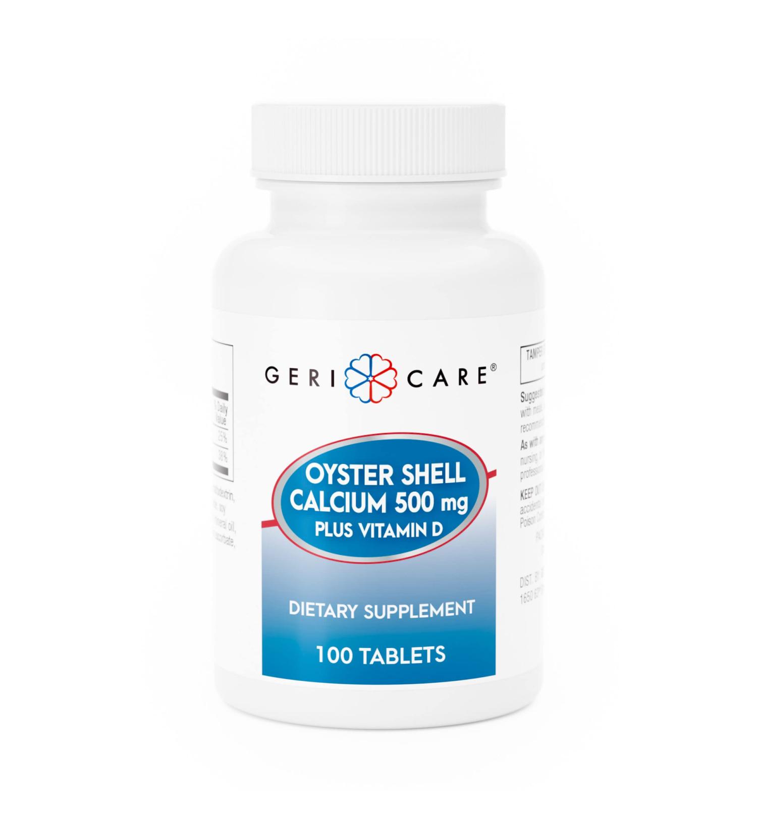 GeriCare Oyster Shell Calcium 500mg + Vitamin D Bone Health Nutritional Supplement Tablets 100 Count (Pack of 1) - Buy Online on GoSupps.com